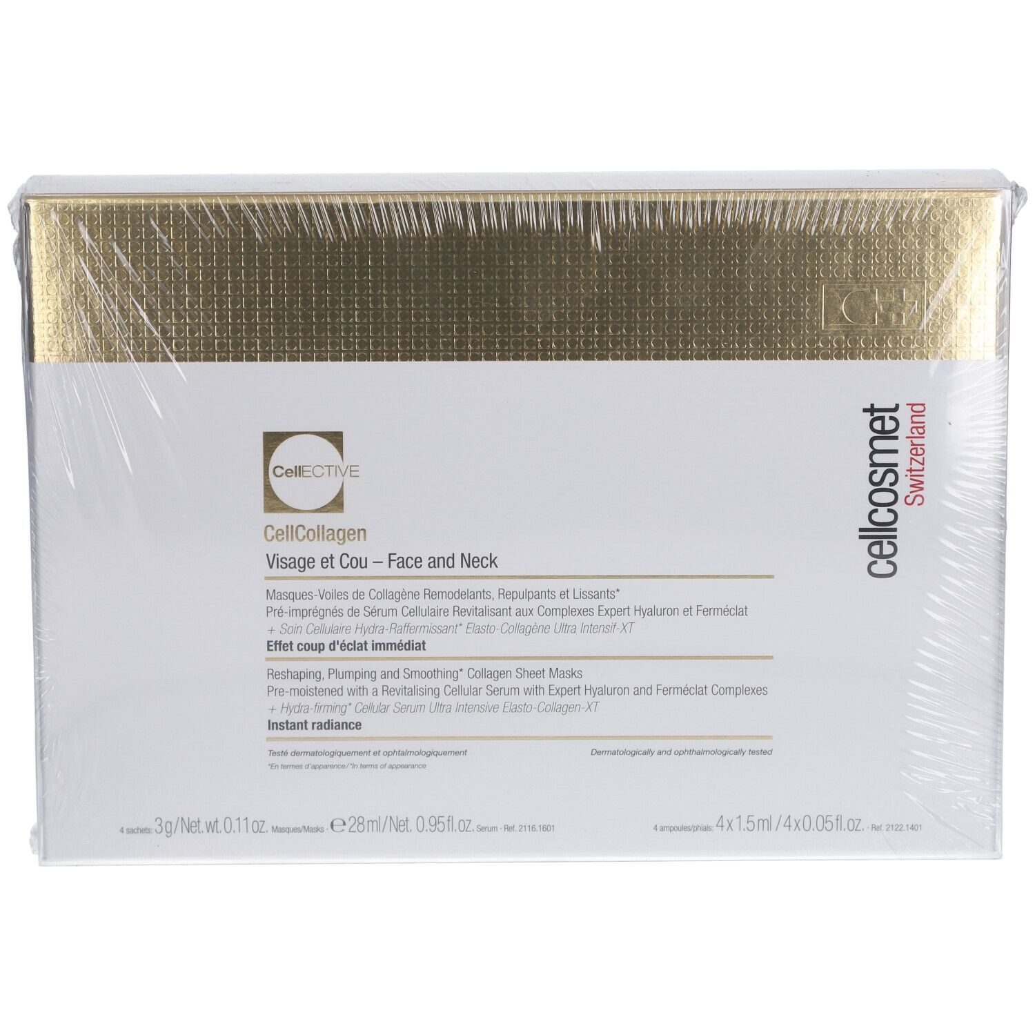 Confezione Cellcosmet CellEctive Face and Neck Mask. Scatola bianca con coperchio dorato. Nome del prodotto e marchio visibili.