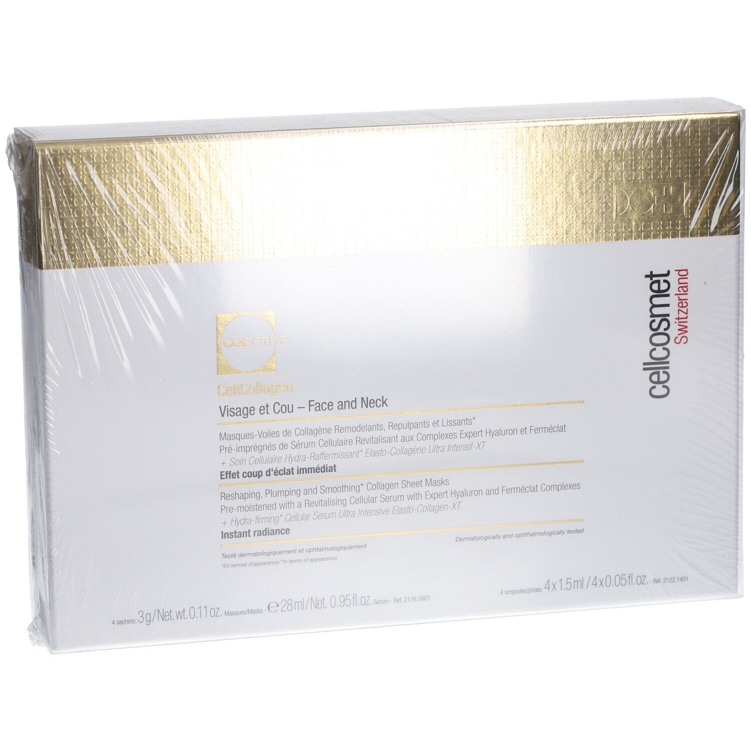 Confezione Cellcosmet CellEctive Face and Neck Mask. Scatola bianca con coperchio dorato. Nome del prodotto e marchio visibili.