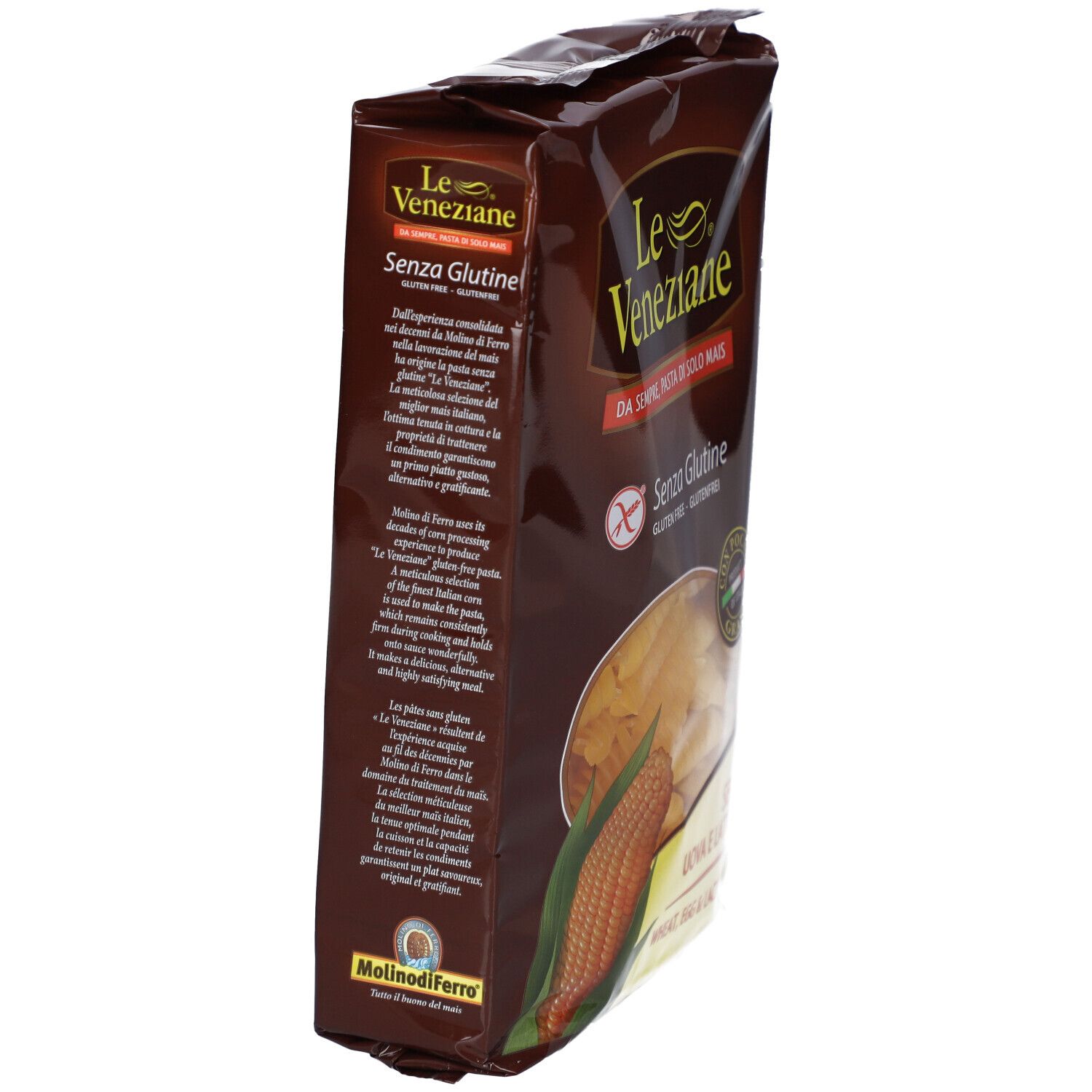 Confezione di pasta senza glutine Le Veneziane. Scritto: Senza glutine. Immagine di pannocchia. Confezione marrone.