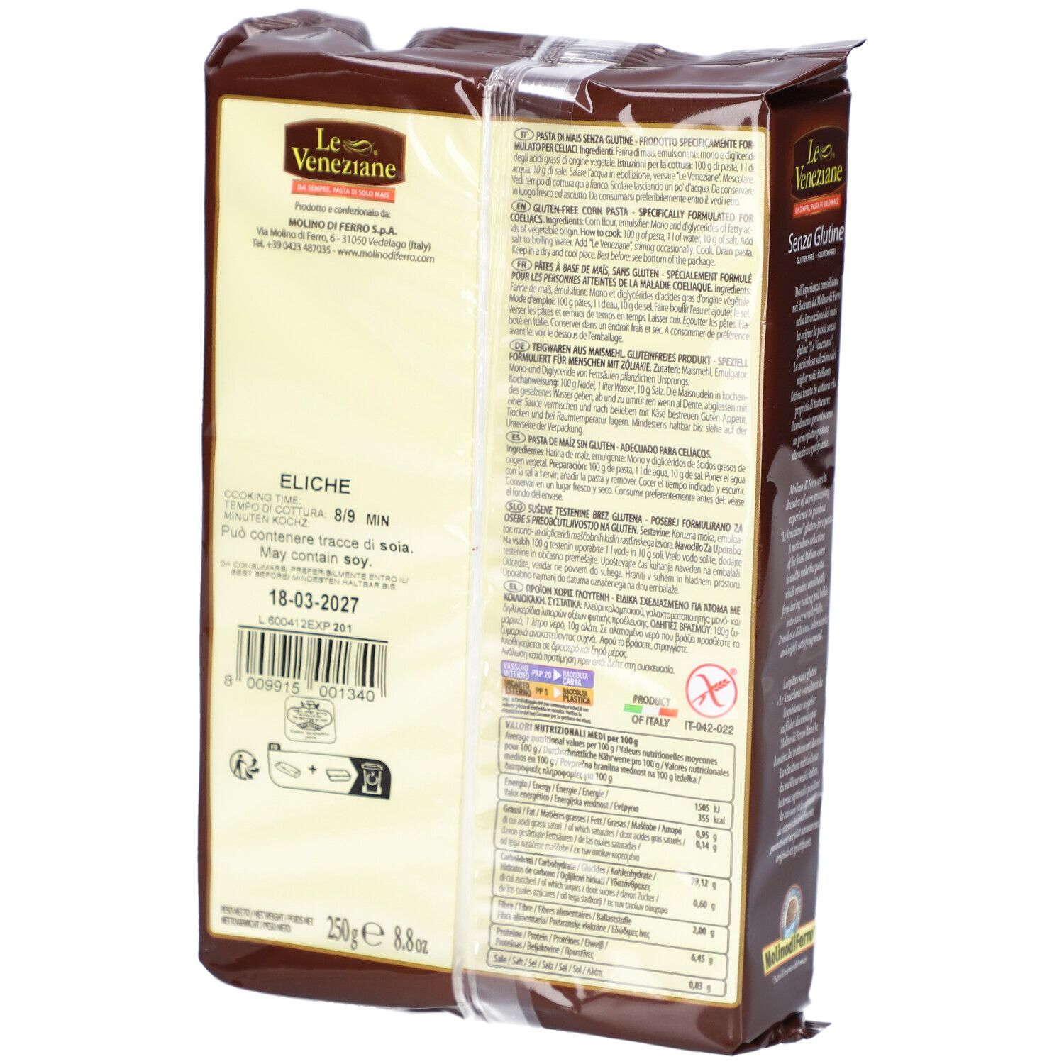 Retro confezione pasta senza glutine. Testo: Eliche, tempo cottura 8-9 min. Scadenza: 18-03-2027. 250g. Marca: Le Veneziane.