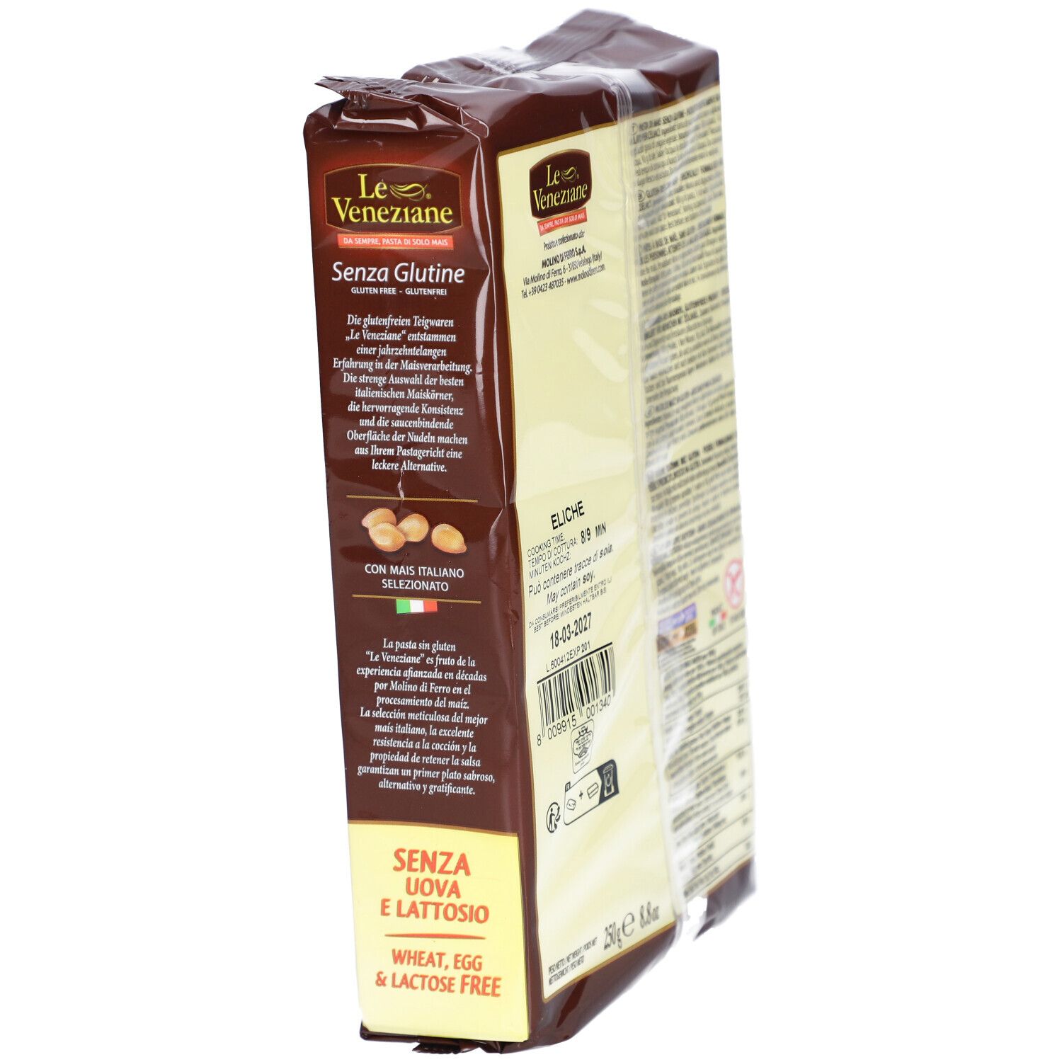 Confezione di pasta senza glutine Le Veneziane. Scritto: Senza glutine, senza uova, senza lattosio. Immagine di pannocchia.