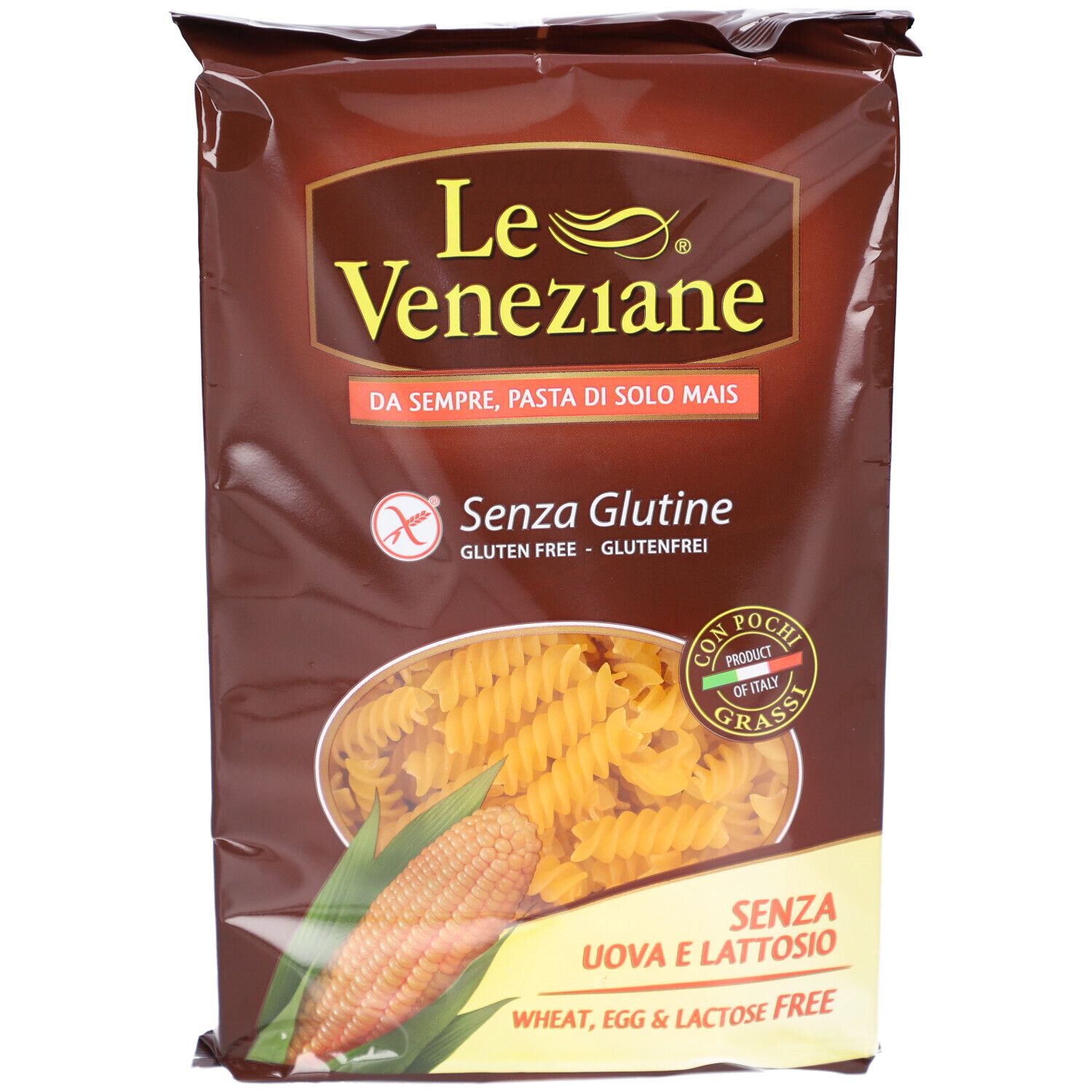 Confezione di pasta senza glutine Le Veneziane. Scritto: Senza glutine, senza uova, senza lattosio. Immagine di pannocchia.