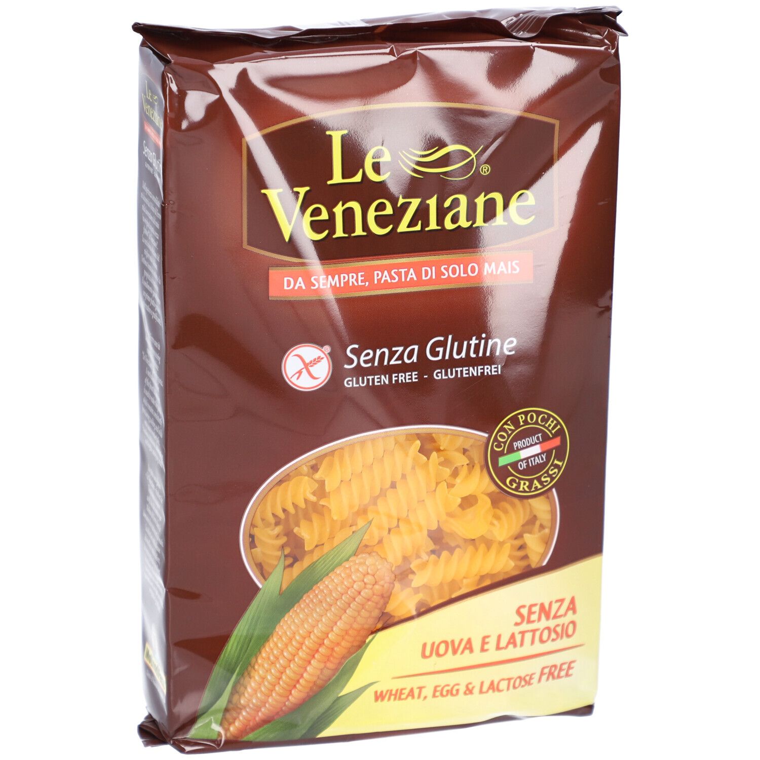 Confezione di pasta senza glutine Le Veneziane. Scritto: Senza glutine, senza uova, senza lattosio. Immagine di pannocchia.