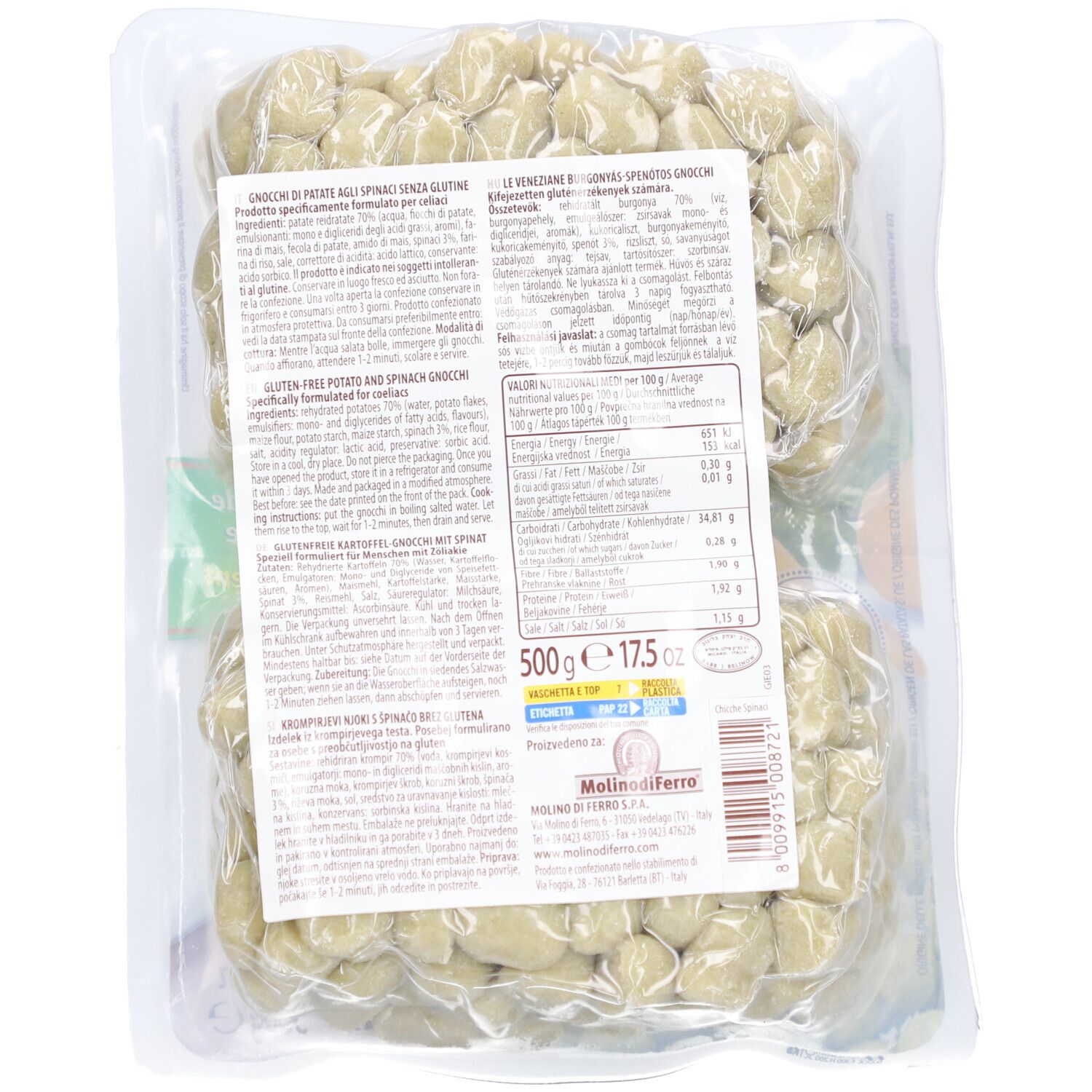 Retro confezione Gnocchi Le Veneziane senza glutine con spinaci. Testo, informazioni nutrizionali, codice a barre, prodotto.