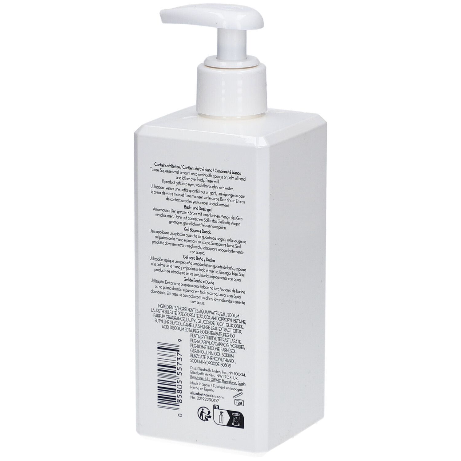 Flacone bianco con pompa, etichettatura multilingue e codice a barre.