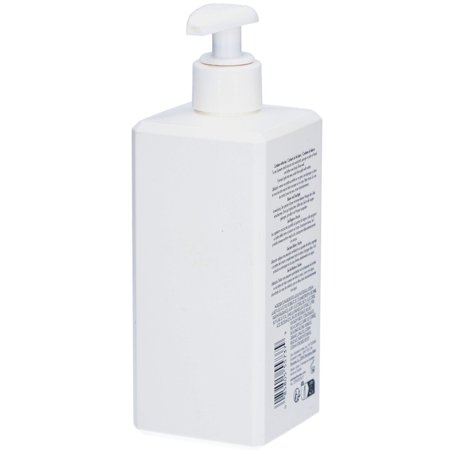 Flacone con pompa bianco con corpo rettangolare e dispenser a pompa bianco.