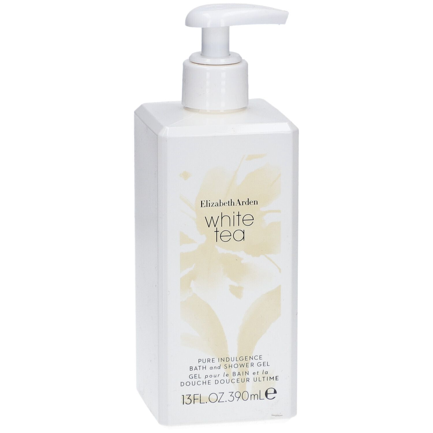 Flacone bianco con dispenser a pompa, Elizabeth Arden White Tea Bath and Shower Gel, 390ml.