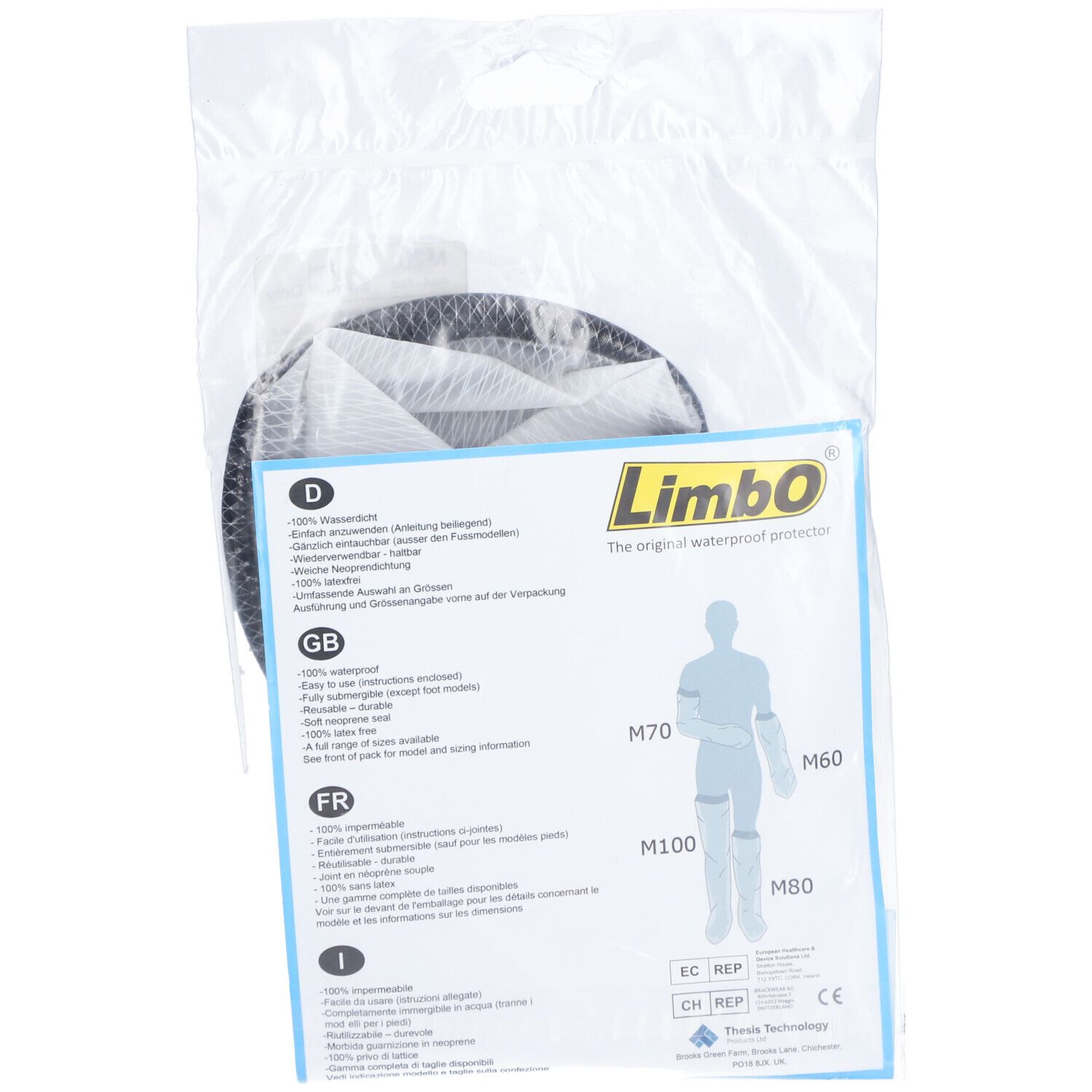 Protezione doccia in confezione di plastica. Protezione nera e rotonda con etichetta bianca. Marchio: Limbo.