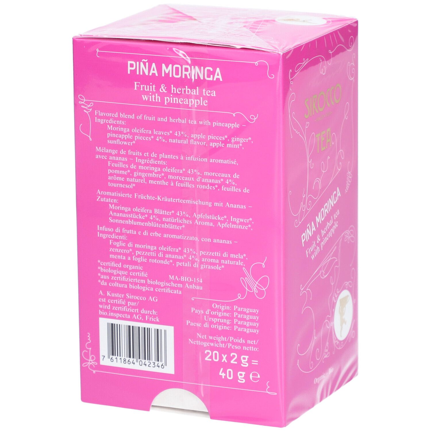 Retro della confezione di tè rosa. Elenco ingredienti, origine Paraguay, peso 40g, 20x2g bustine. Certificazione biologica.