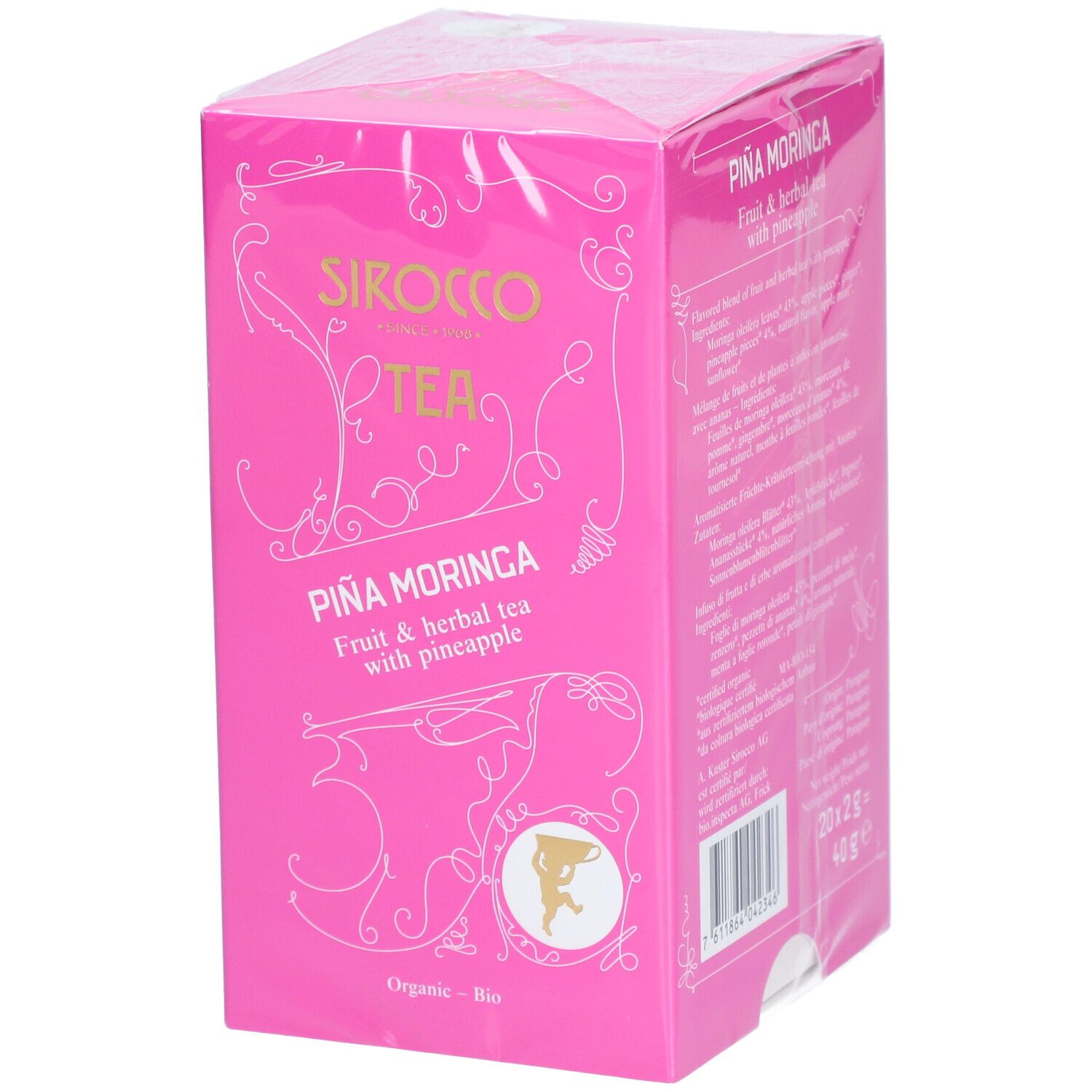 Confezione di tè rosa con testo "Sirocco Tea" e "Piña Moringa". Tè alla frutta e alle erbe con ananas. Certificazione biologica.