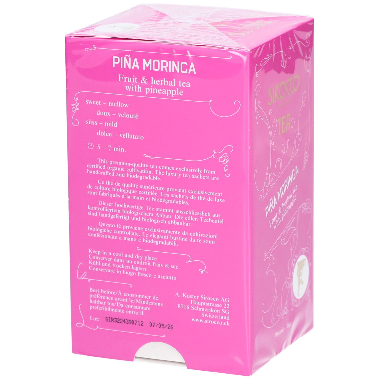 Retro della confezione di tè rosa. Indicazioni su gusto, preparazione e conservazione. Certificazione biologica.