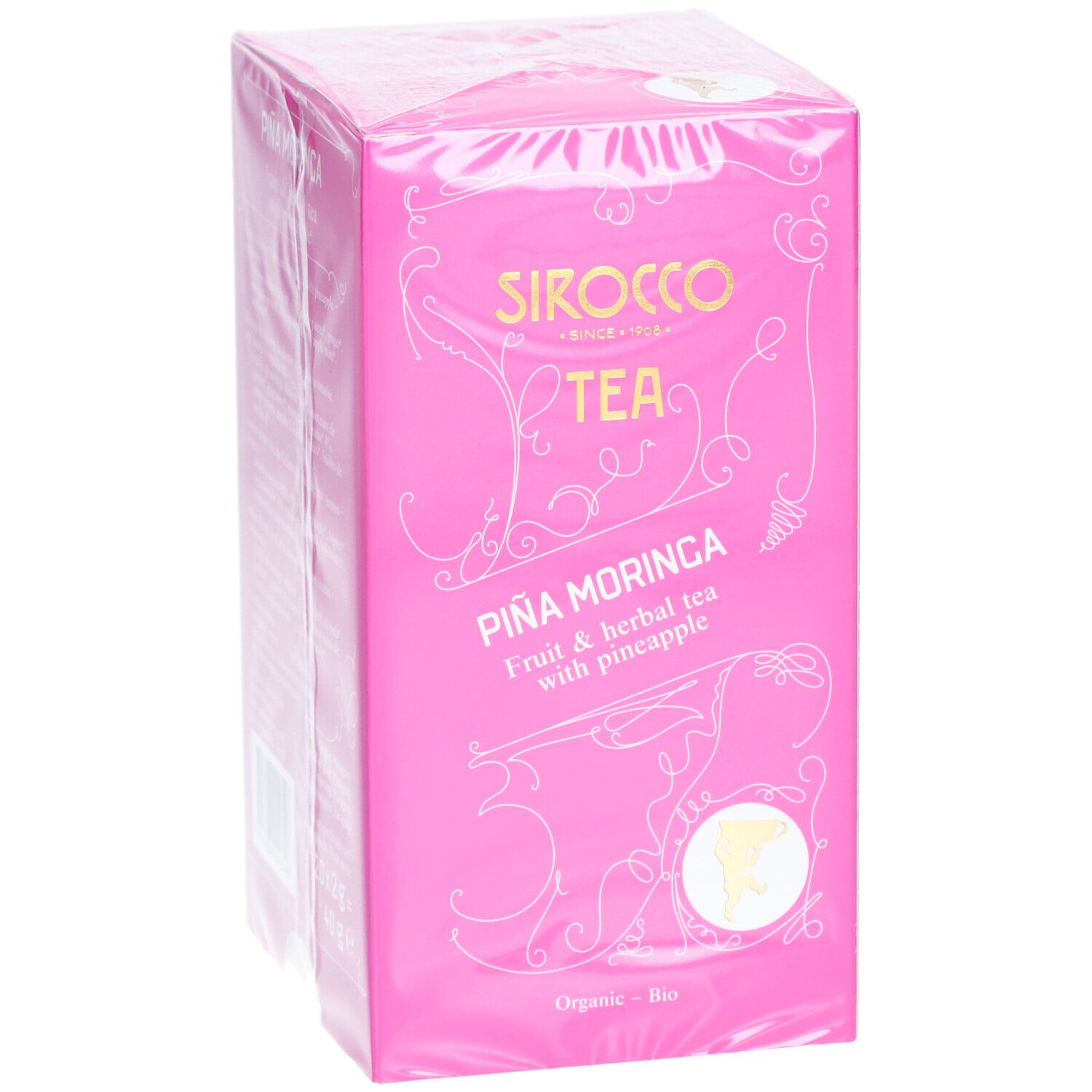 Confezione di tè rosa con testo "Sirocco Tea" e "Piña Moringa". Tè alla frutta e alle erbe con ananas. Certificazione biologica.