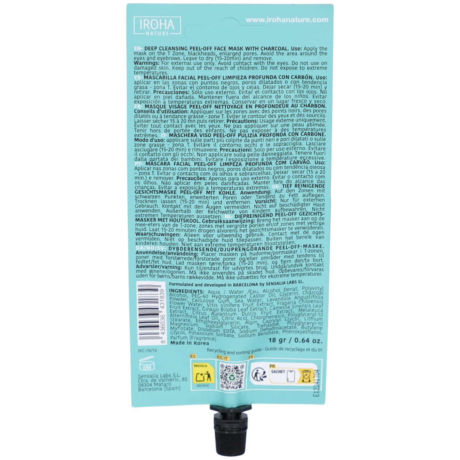 Retro della confezione della maschera viso. Testo multilingue. Contiene informazioni sugli ingredienti e l'uso.