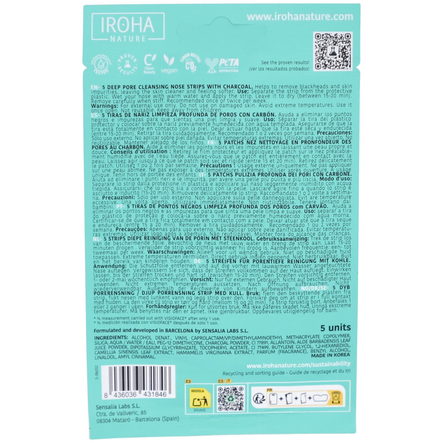 Retro della confezione con informazioni sul prodotto e ingredienti. Testo multilingue. Codice QR e istruzioni per il riciclo.