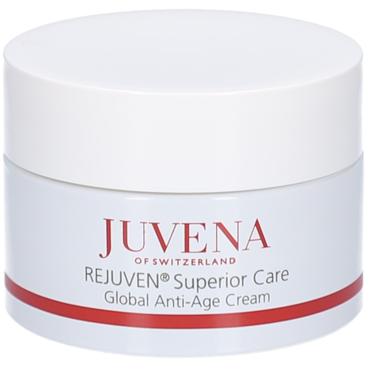 Vasetto di crema con coperchio bianco. Scritta: JUVENA, REJUVEN® Superior Care, Global Anti-Age Cream. Striscia rossa.