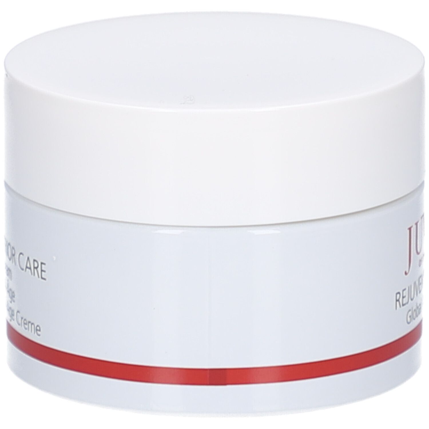 Vasetto di crema con coperchio bianco. Scritta: JUVENA, REJUVEN® Superior Care. Striscia rossa.