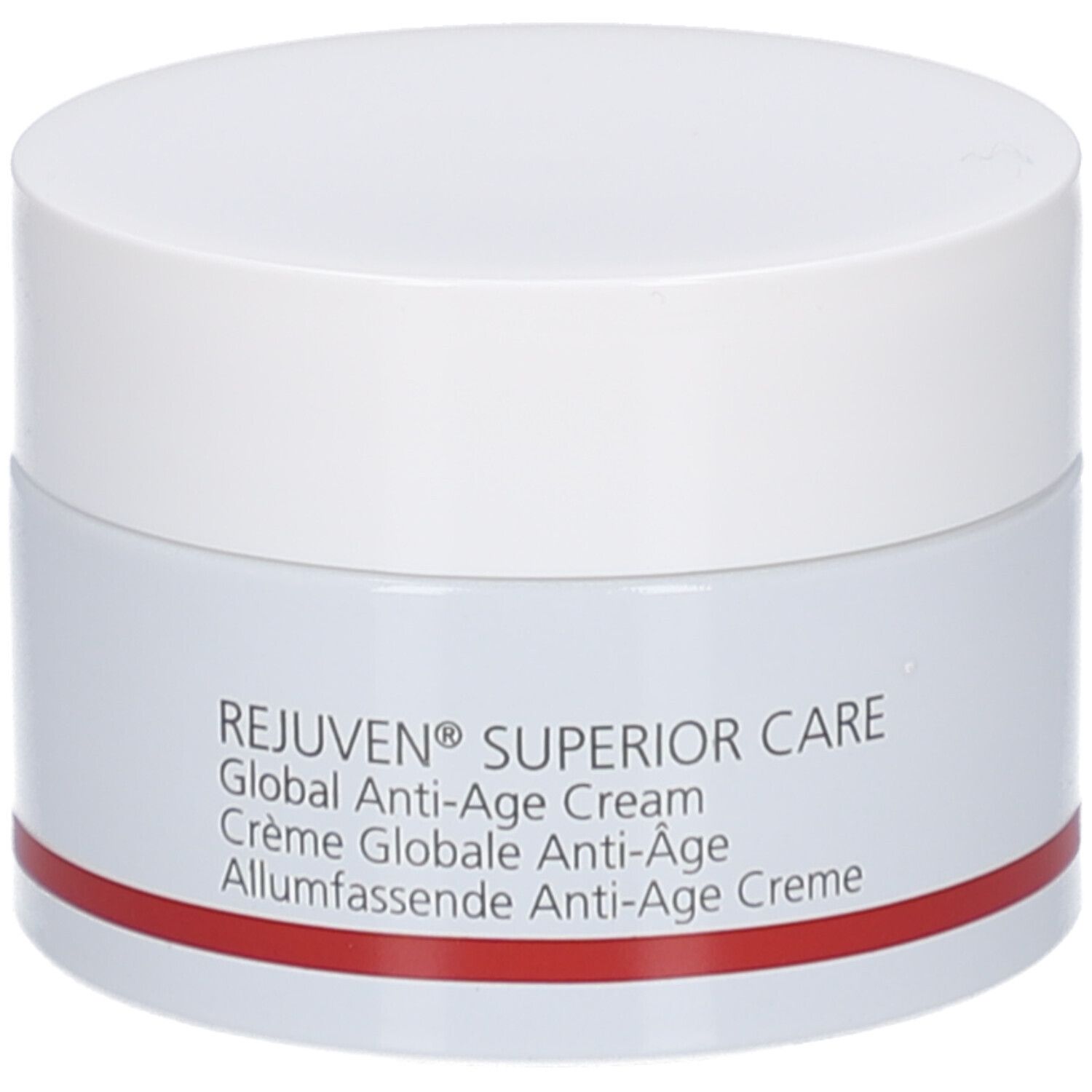 Vasetto di crema con coperchio bianco. Scritta: REJUVEN® Superior Care, Global Anti-Age Cream. Striscia rossa.