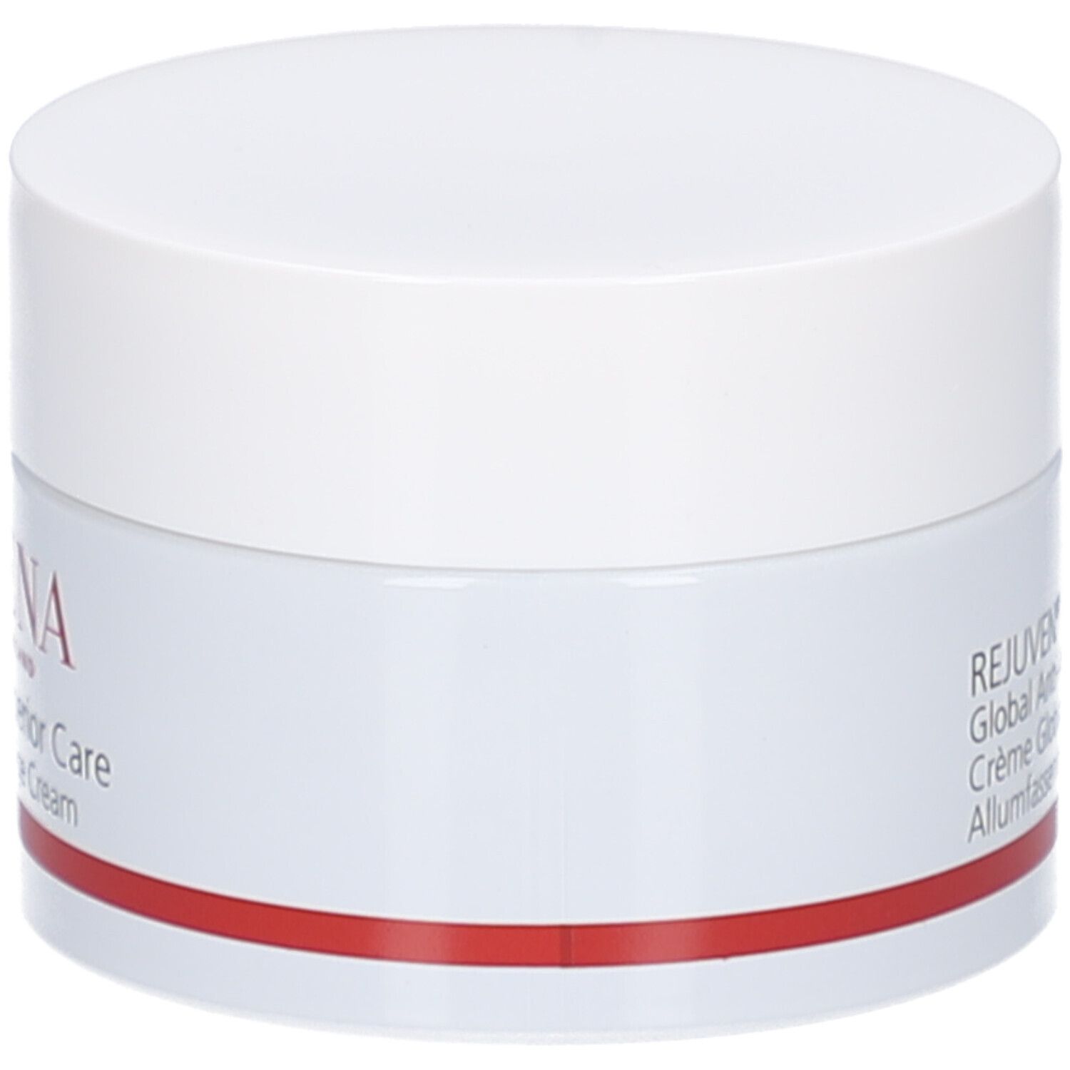 Vasetto di crema con coperchio bianco. Scritta: REJUVEN® Superior Care, Global Anti-Age Cream. Striscia rossa.
