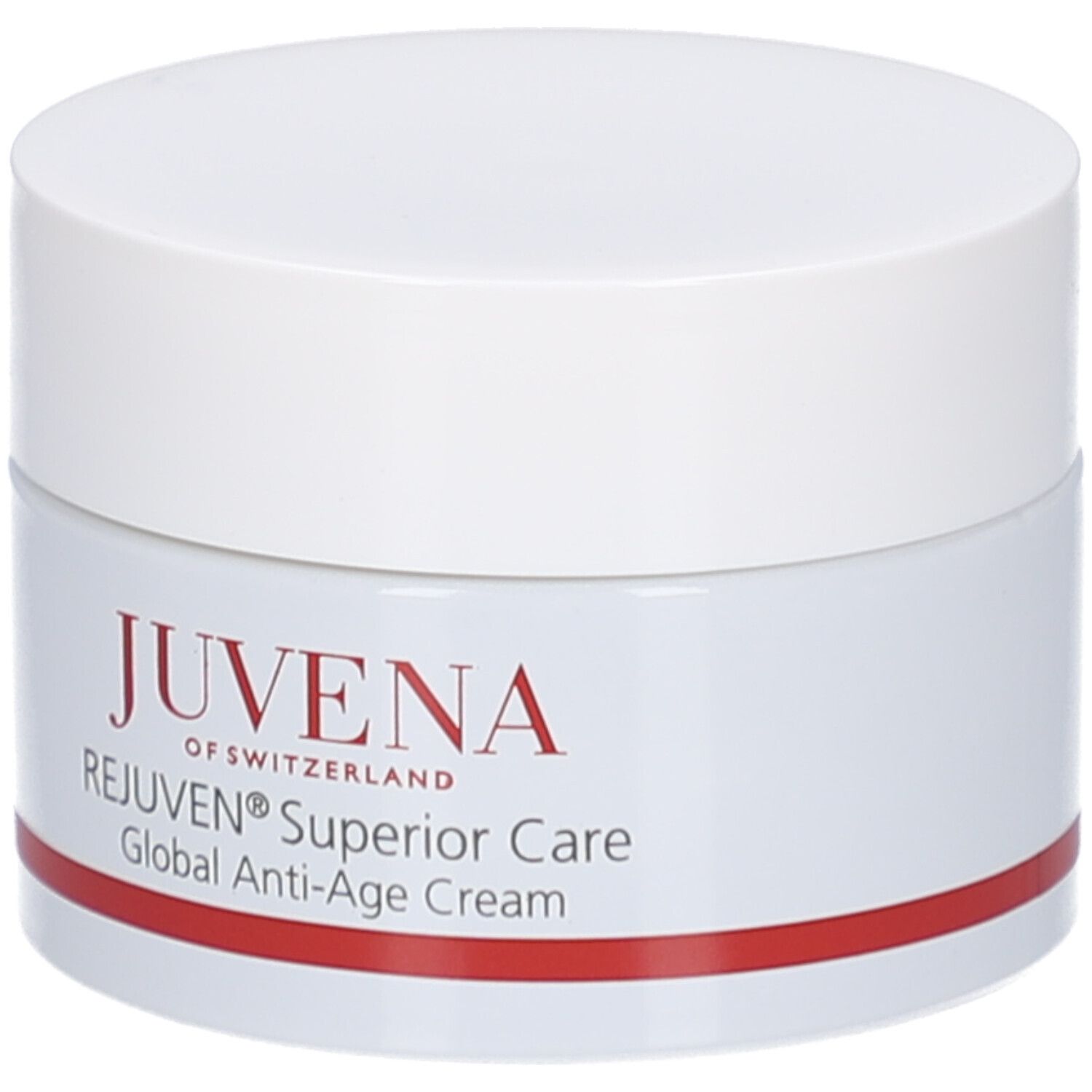Vasetto di crema con coperchio bianco. Scritta: JUVENA, REJUVEN® Superior Care, Global Anti-Age Cream. Striscia rossa.