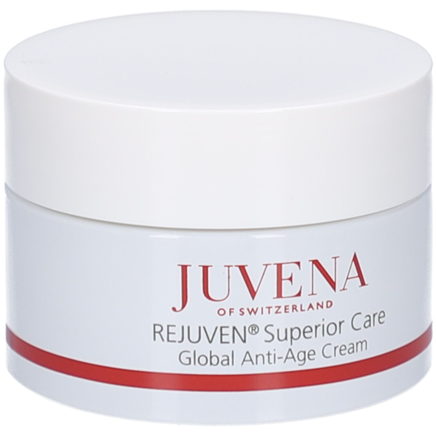 Vasetto di crema con coperchio bianco. Scritta: JUVENA, REJUVEN® Superior Care, Global Anti-Age Cream. Striscia rossa.