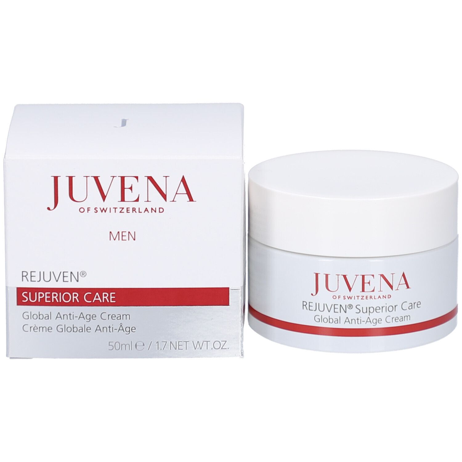 Vasetto di crema con coperchio bianco. Scritta: JUVENA, REJUVEN® Superior Care, Global Anti-Age Cream. Striscia rossa.