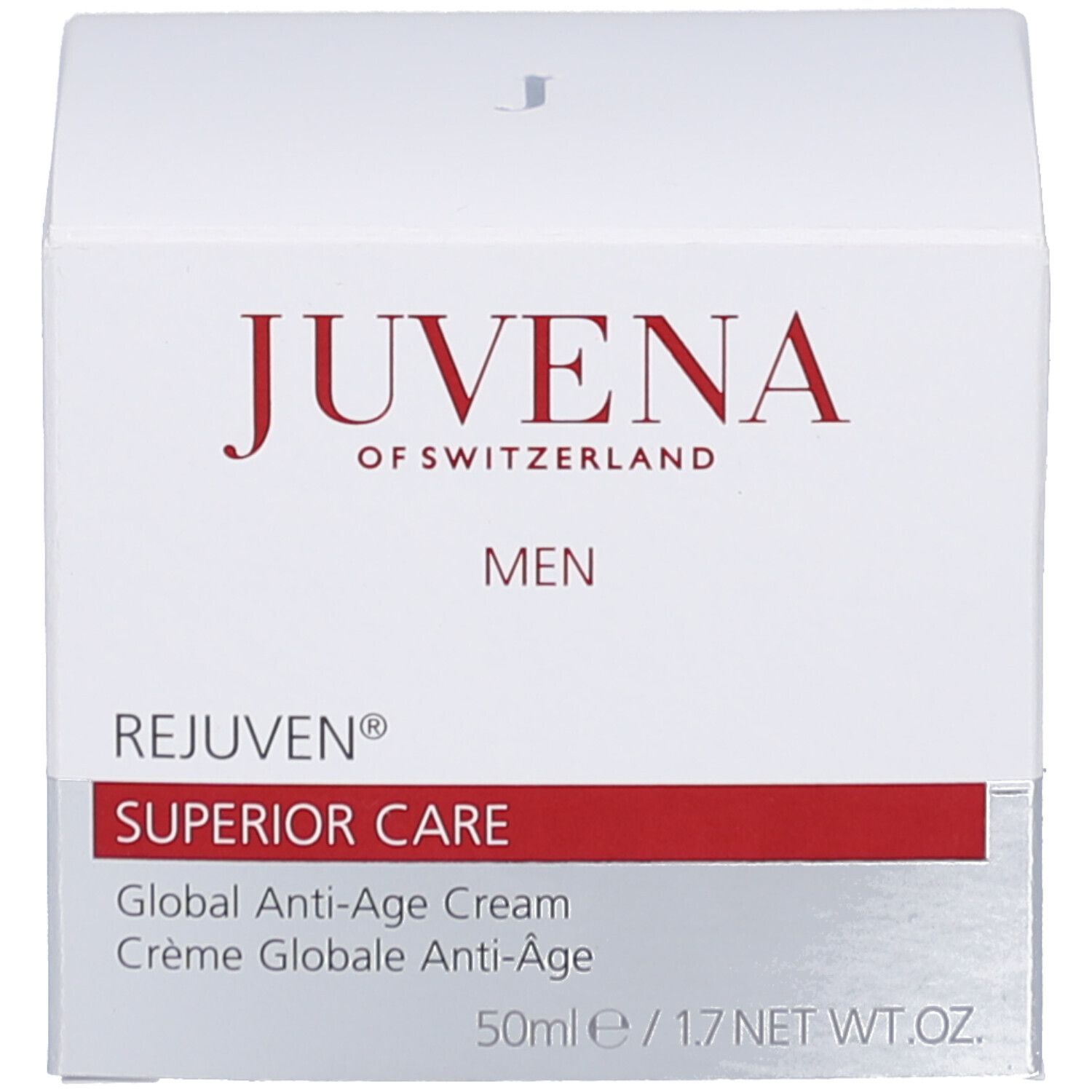 Vasetto di crema con coperchio bianco e confezione. Scritta: JUVENA, MEN, REJUVEN® Superior Care. Striscia rossa.