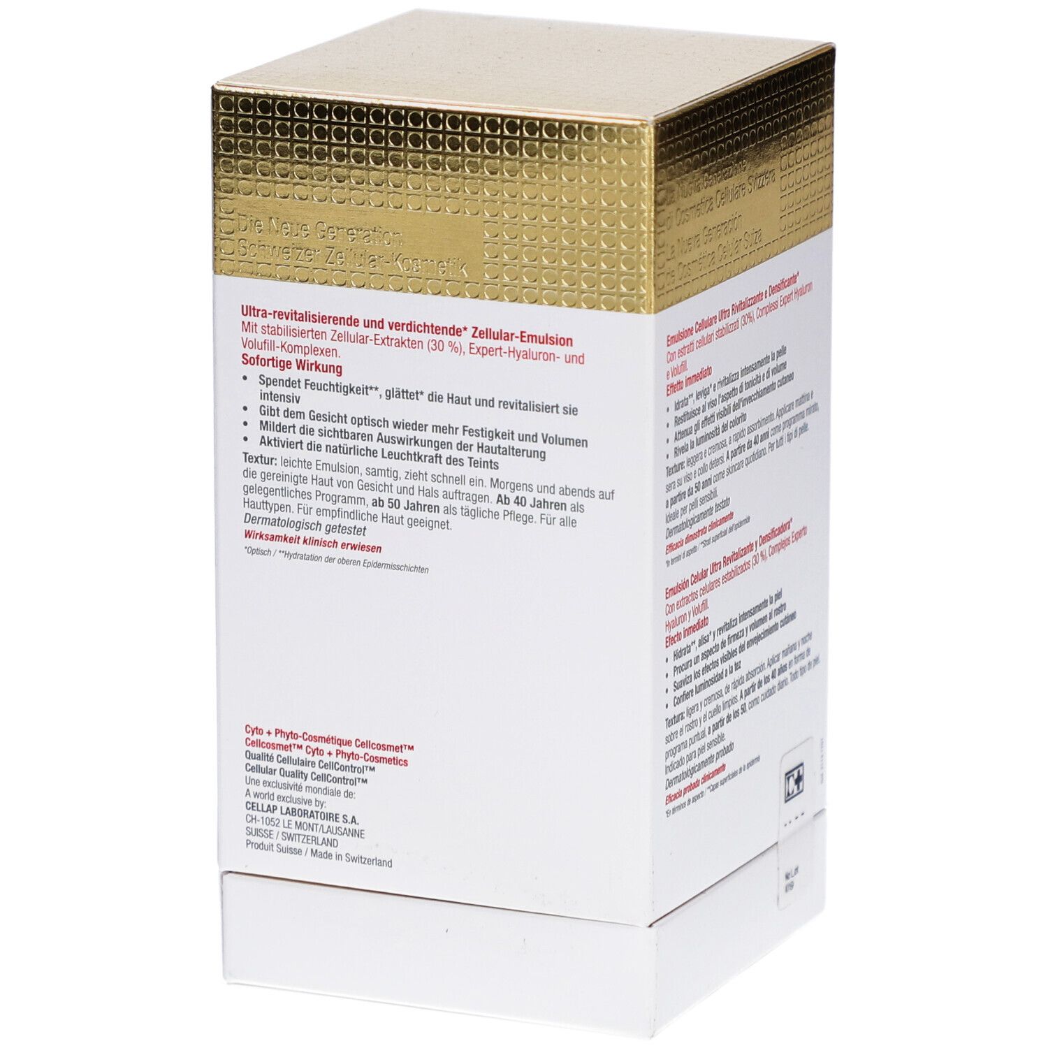 Retro della scatola Cellcosmet CellLift Cream Light. Testo in tedesco, francese, inglese. Informazioni sul prodotto.