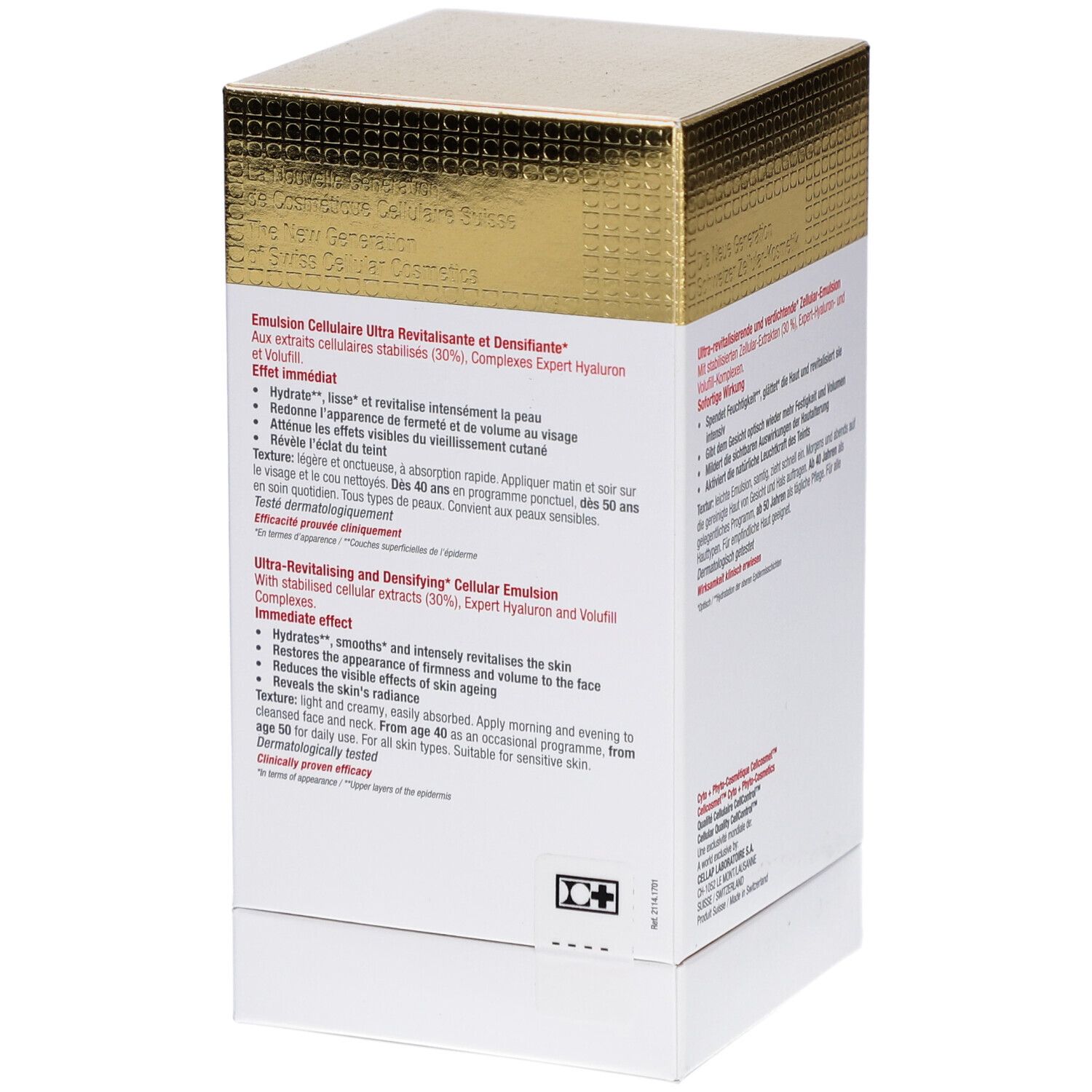 Retro della scatola Cellcosmet CellLift Cream Light. Testo in tedesco, francese, inglese. Informazioni sul prodotto.