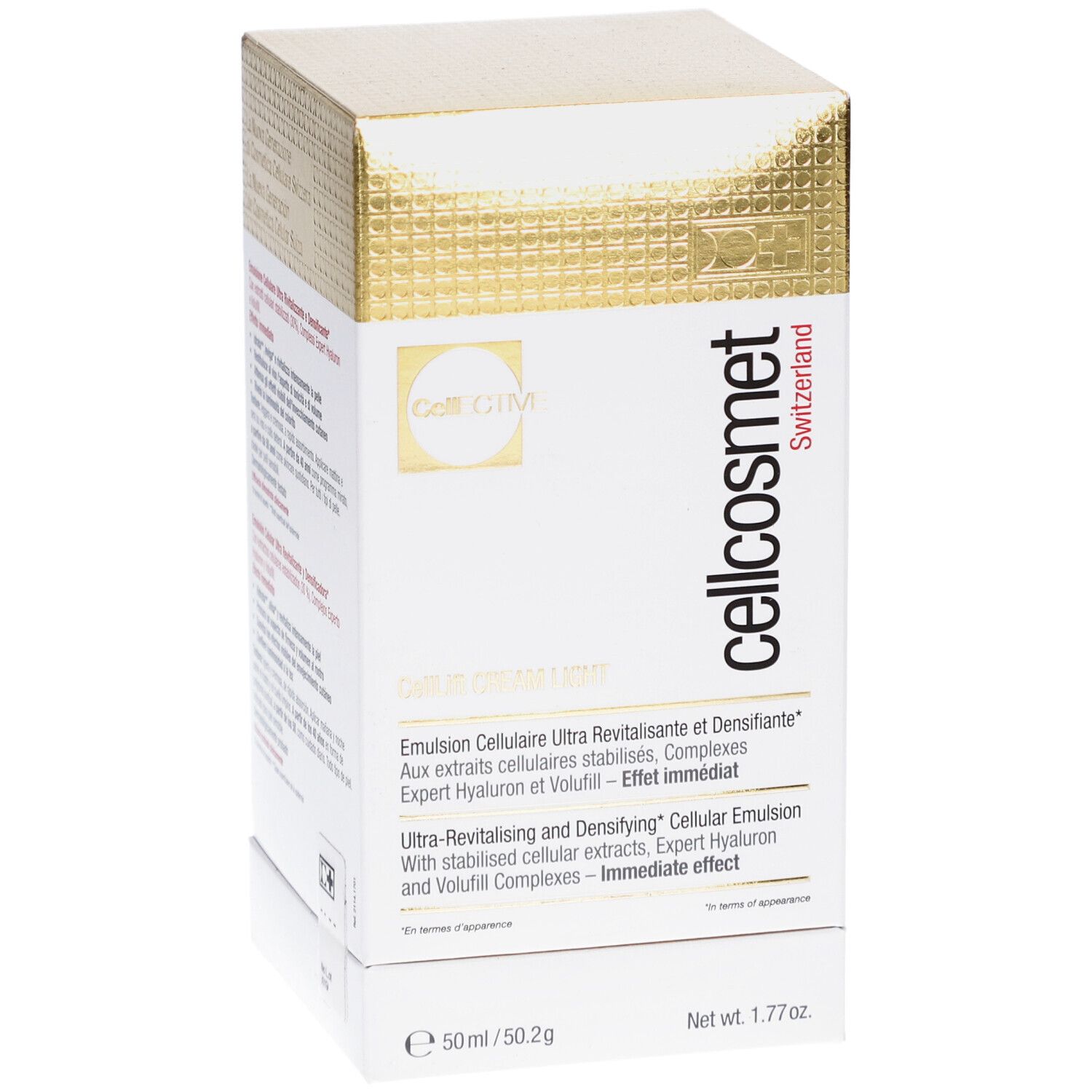 Scatola Cellcosmet CellLift Cream Light, bianca e oro. Scritte: Cellcosmet, CellEctive, nome prodotto e informazioni.