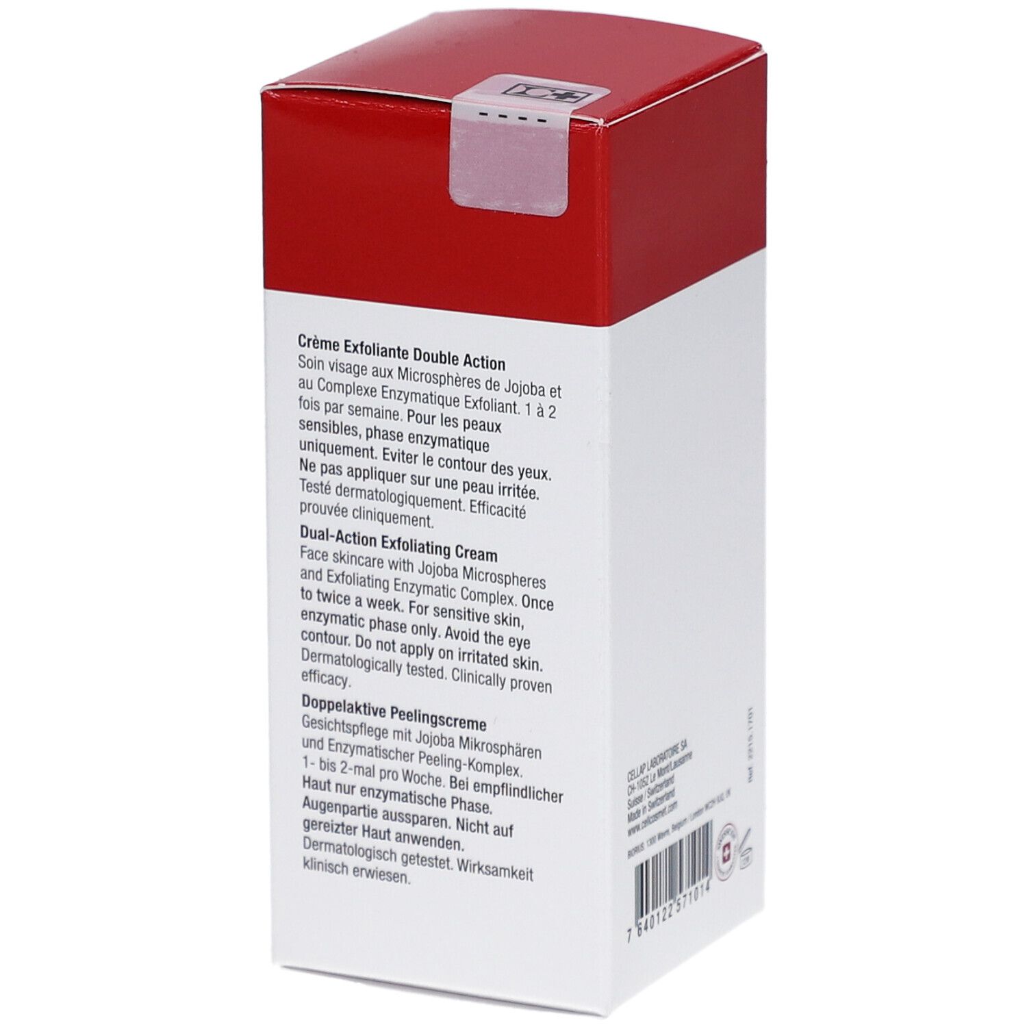 Cellcosmet Exfoliant Double Action. Scatola bianca e rossa. Informazioni sul prodotto in francese e inglese. Croce svizzera.