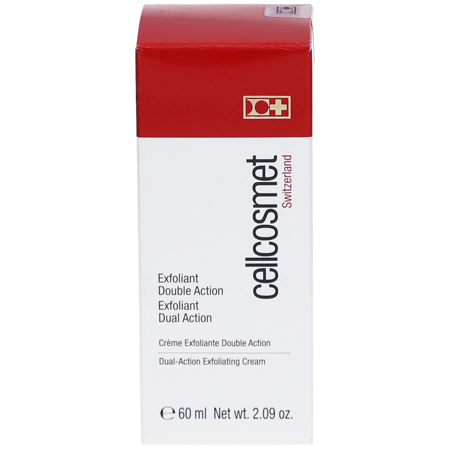 Cellcosmet Exfoliant Double Action. Scatola bianca e rossa. Nome e logo del prodotto. 60 ml. Croce svizzera.