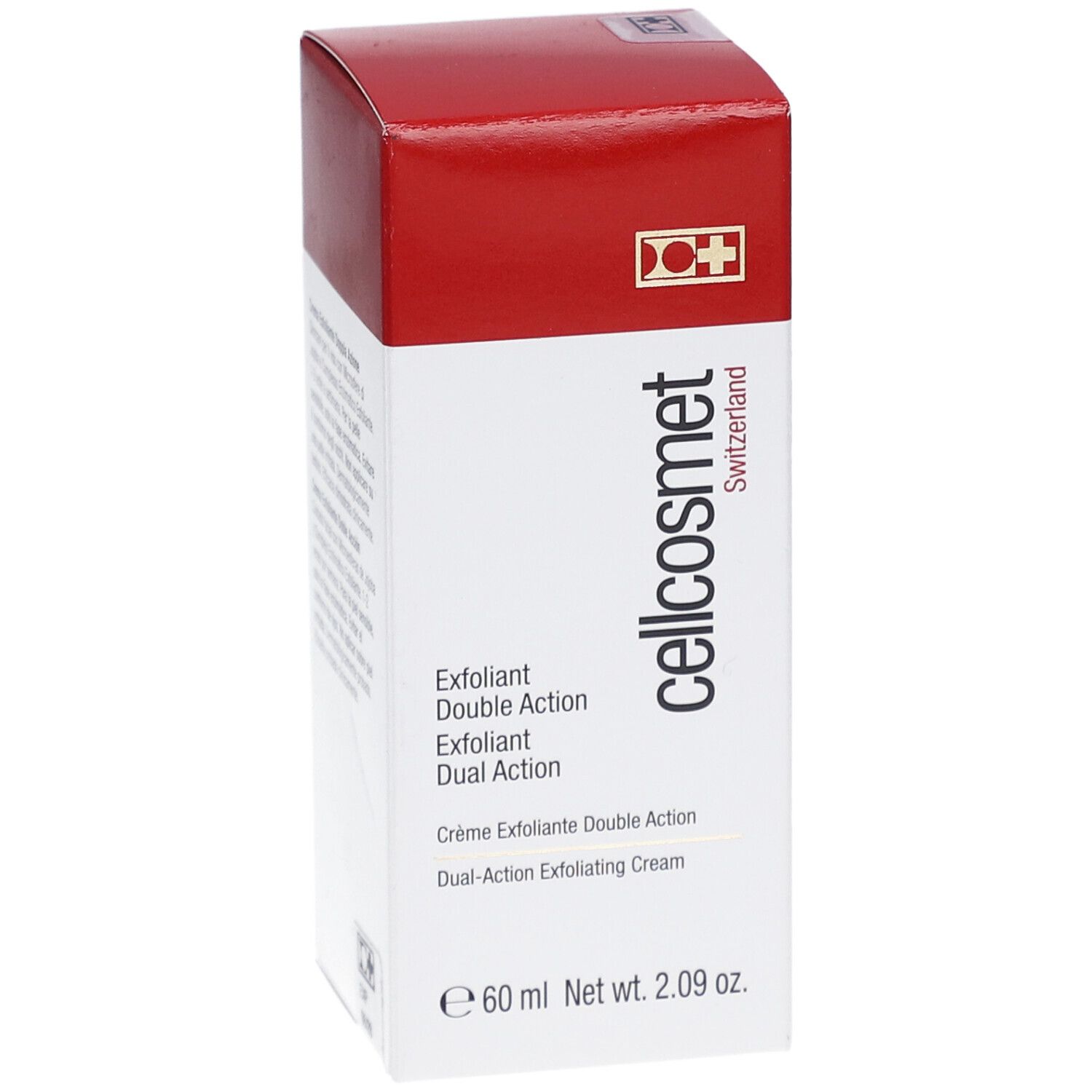 Cellcosmet Exfoliant Double Action. Scatola bianca e rossa. Nome e logo del prodotto. 60 ml. Croce svizzera.