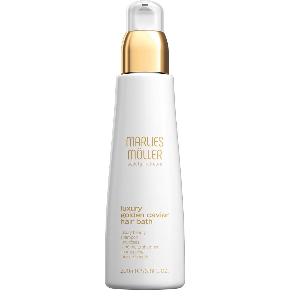 Flacone bianco con tappo dorato. Scritta: Marlies Möller, Luxury Golden Caviar Hair Bath. 200ml.