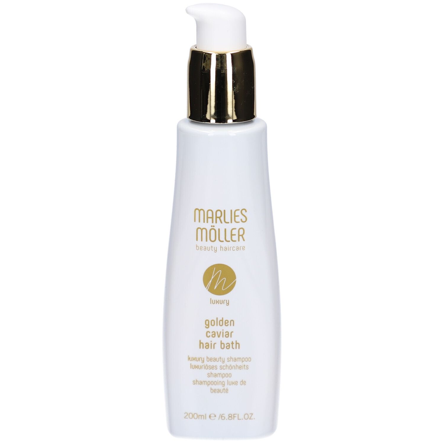 Flacone bianco con tappo dorato. Scritta: Marlies Möller, Luxury Golden Caviar Hair Bath. 200ml.