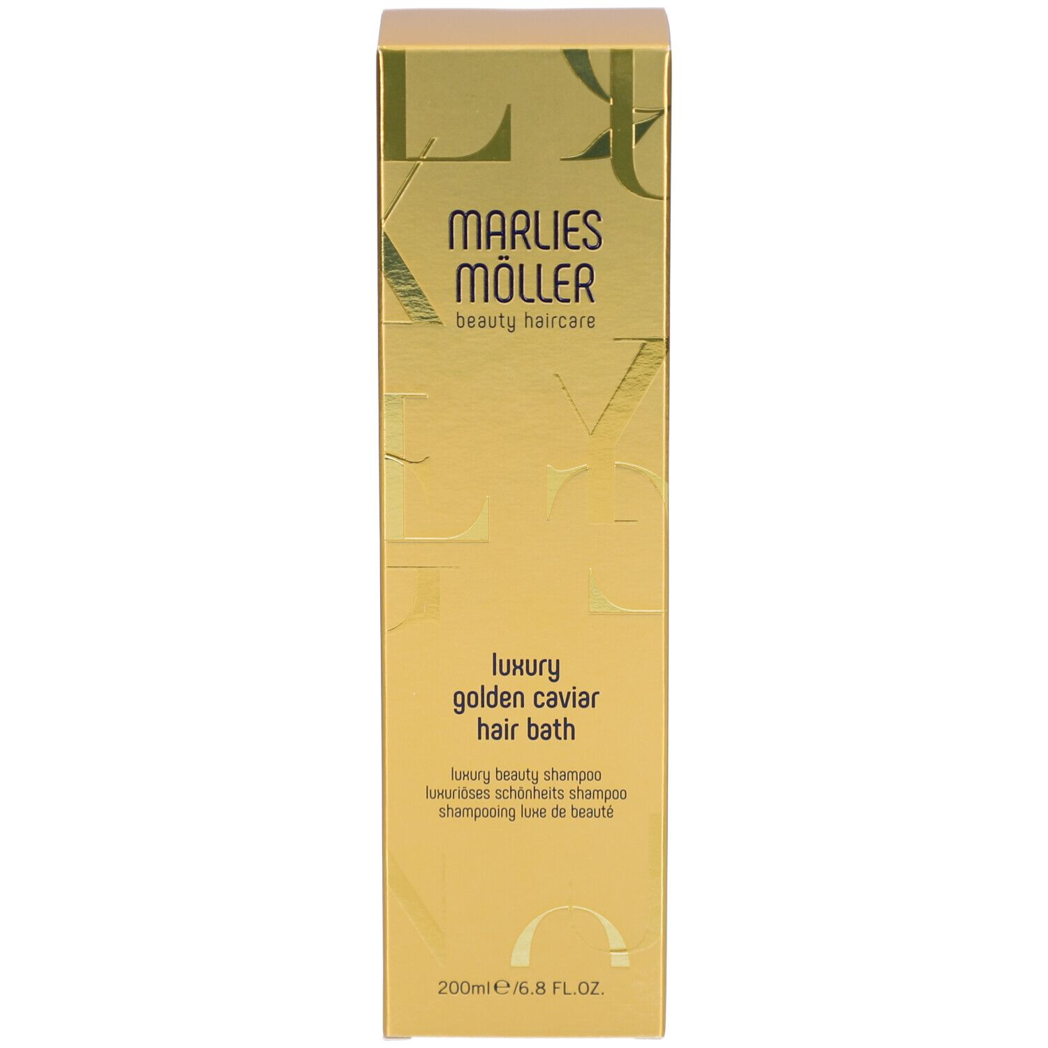 Confezione dorata. Scritta: Marlies Möller, Luxury Golden Caviar Hair Bath. 200ml.