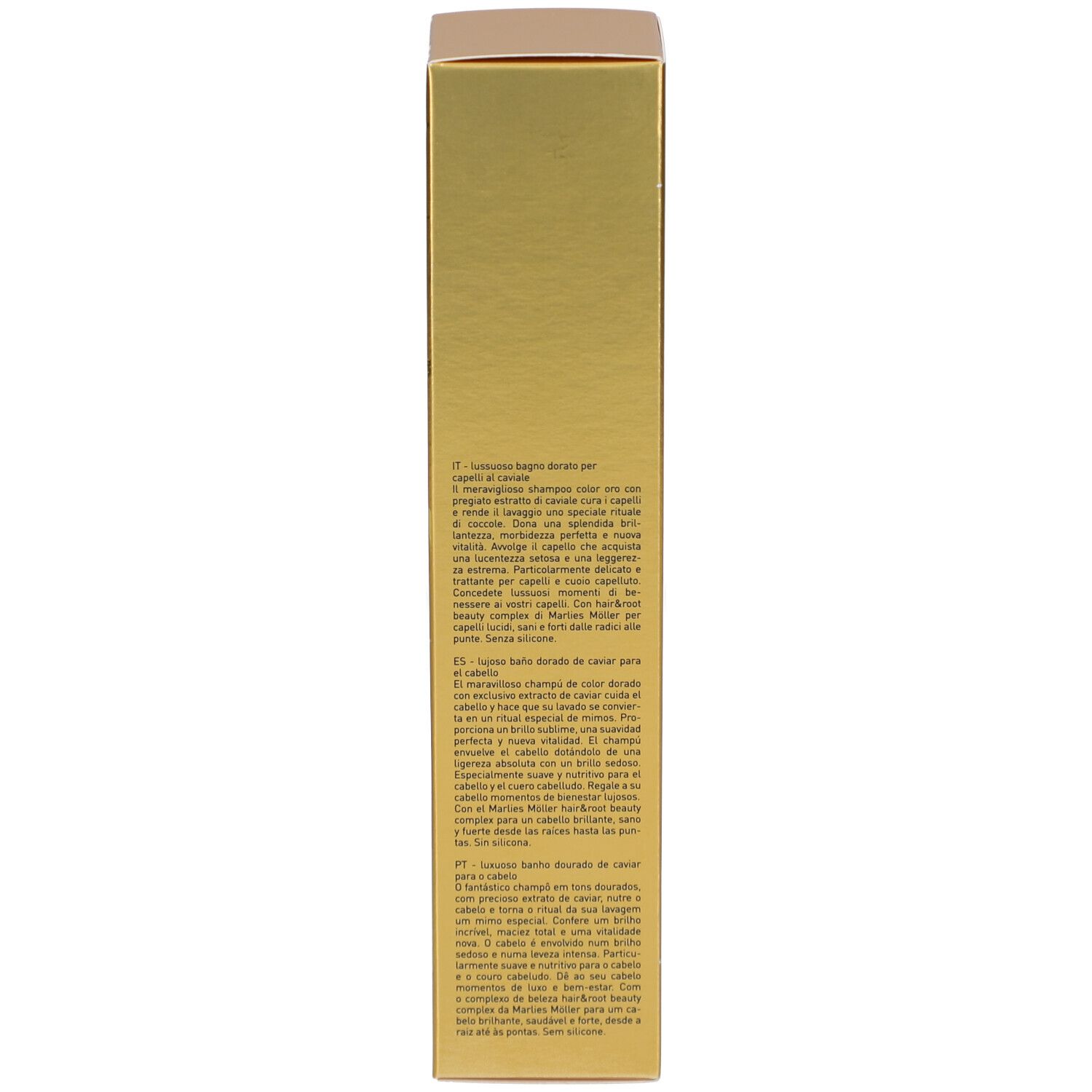 Confezione dorata. Testo multilingue. Scritta: Marlies Möller. Codice QR.