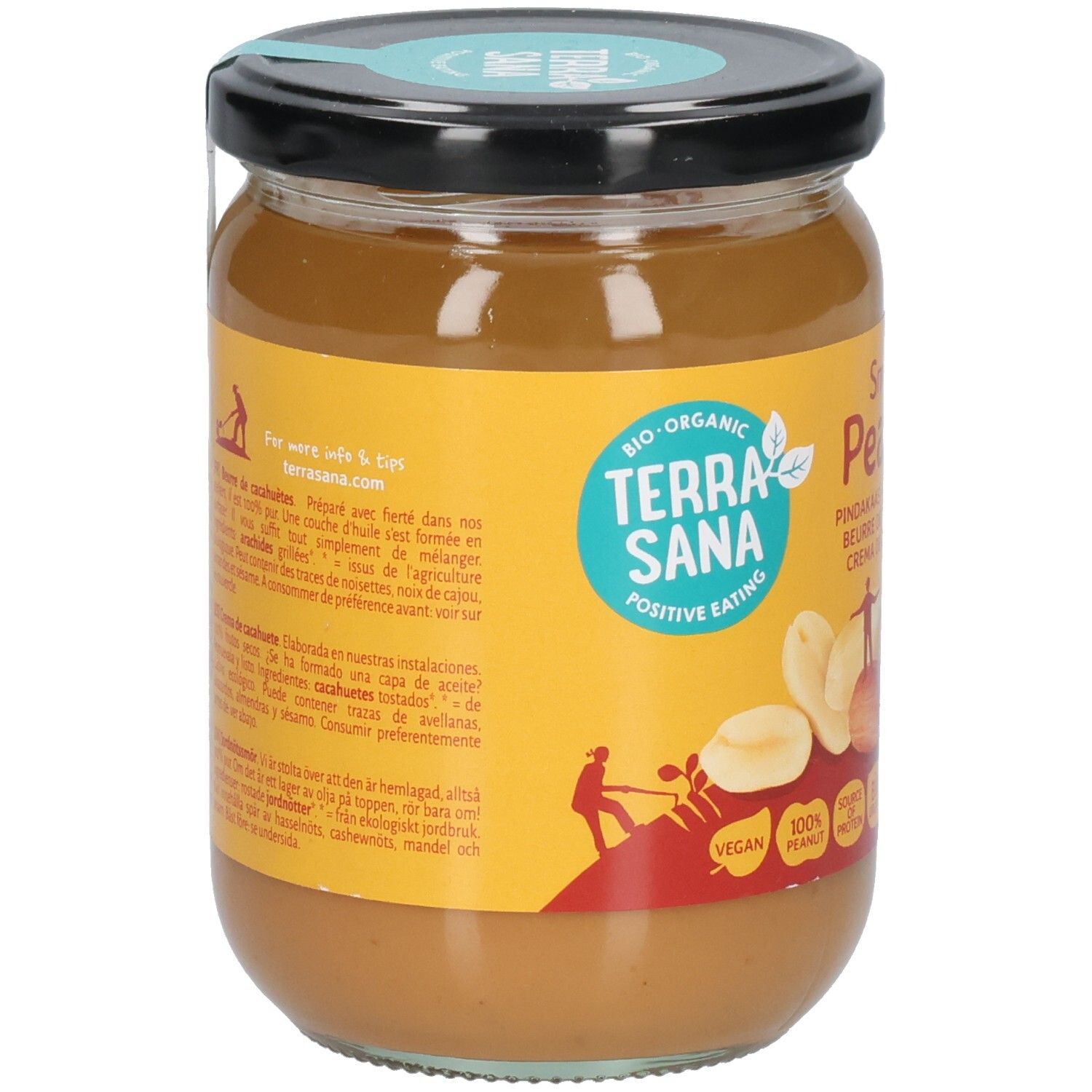 Vasetto di burro di arachidi. Scritta: Terra Sana, Bio. Testo su sfondo giallo. Coperchio nero.