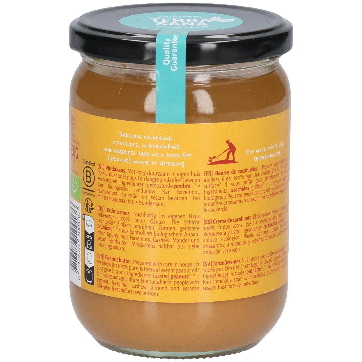 Vasetto di burro di arachidi. Scritta: Terra Sana, Bio. Testo su sfondo giallo. Coperchio nero.