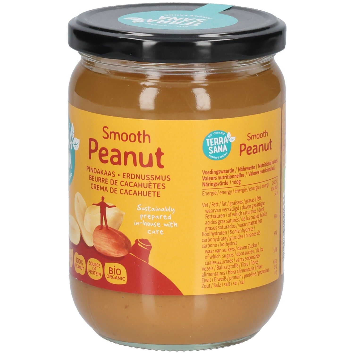 Vasetto di burro di arachidi. Scritta: Terra Sana, Smooth Peanut. Vegano, 100% arachidi, bio. Coperchio nero.