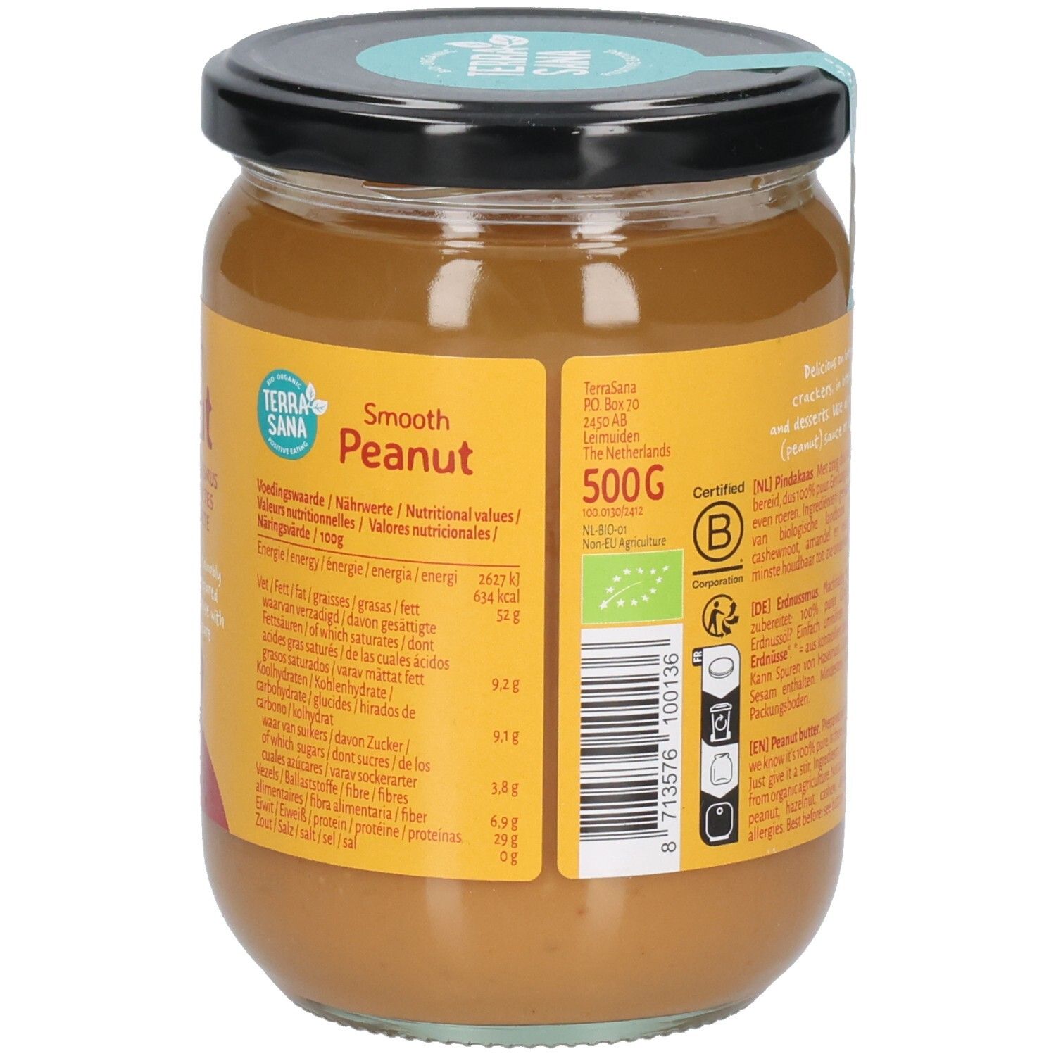 Vasetto di burro di arachidi. Scritta: Terra Sana, 500g. Valori nutrizionali. Marchio bio. Coperchio nero.