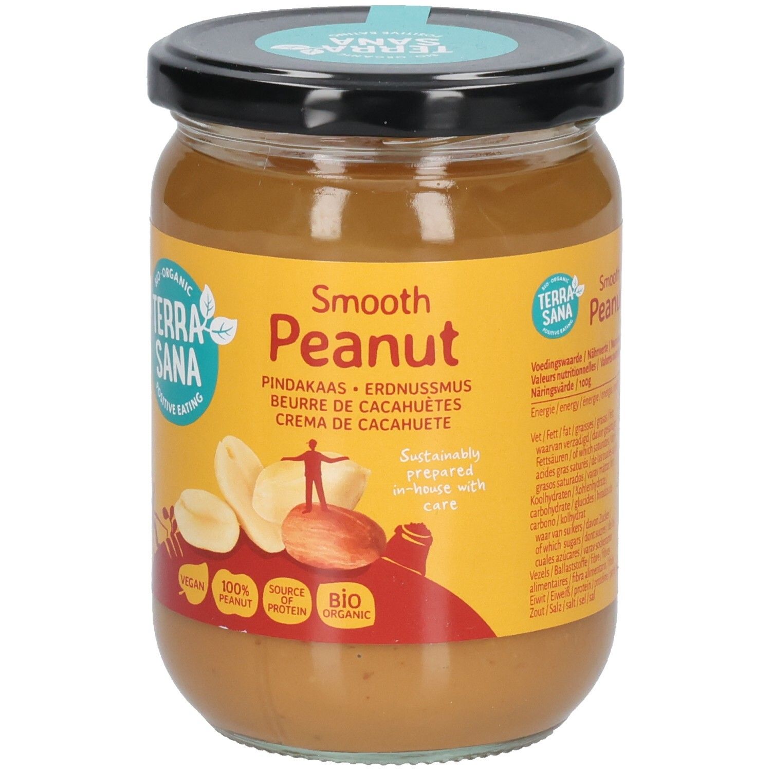 Vasetto di burro di arachidi. Scritta: Terra Sana, Smooth Peanut. Vegano, 100% arachidi, bio. Coperchio nero.