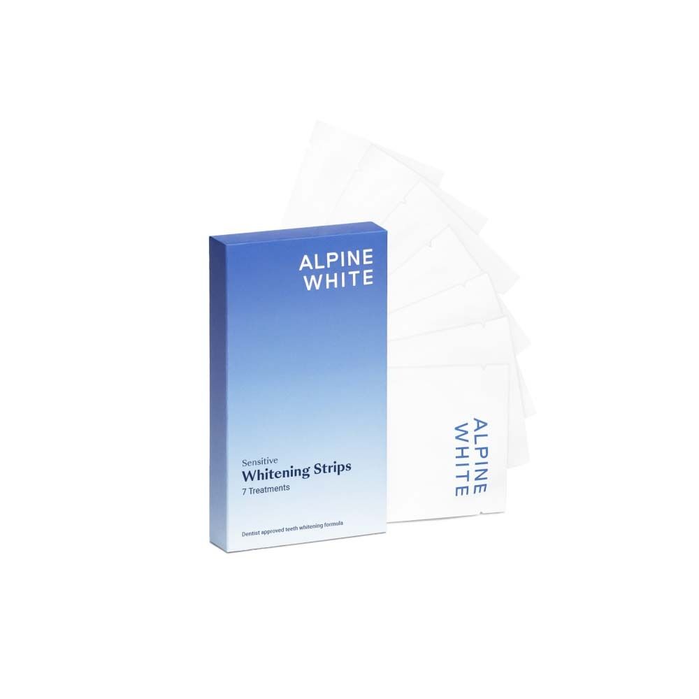 Scatola blu e bianca ALPINE WHITE. Strisce sbiancanti Sensitive. 7 trattamenti. Strisce visibili.