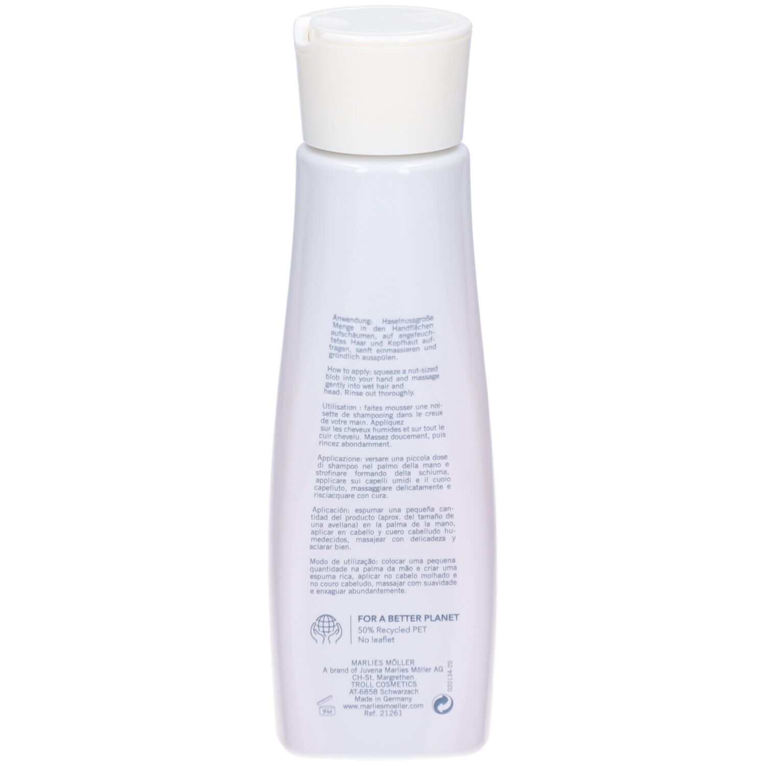 Retro del flacone di shampoo. Testo e loghi visibili. Per un pianeta migliore.