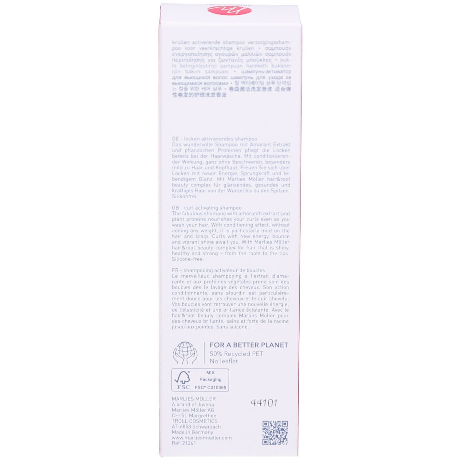 Retro della confezione dello shampoo. Testo e loghi visibili. Descrizione del prodotto.