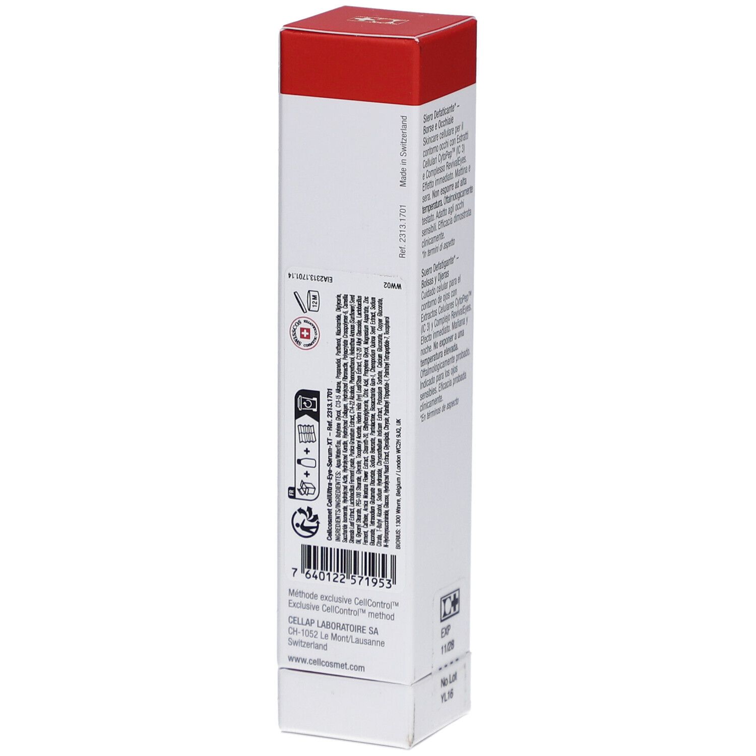 Retro della confezione del prodotto. Contiene informazioni in diverse lingue. Con codice a barre e indirizzo del produttore.