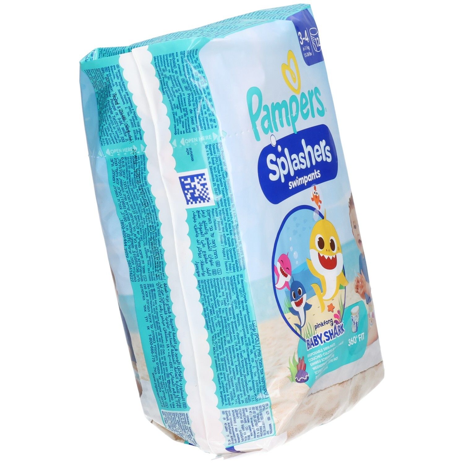 Pampers Splashers, taglia 3-4, edizione limitata Baby Shark. Confezione. Vista laterale con informazioni e codice QR.