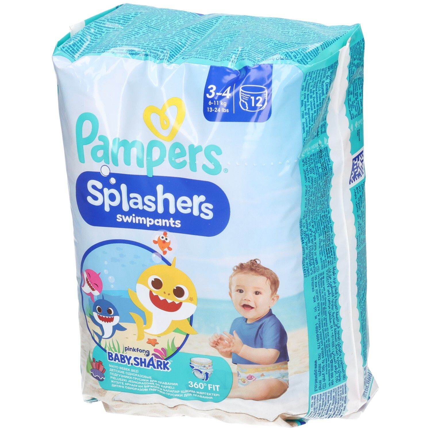 Pampers Splashers, taglia 3-4, edizione limitata Baby Shark. Confezione da 12. Immagine Baby Shark sul fronte.