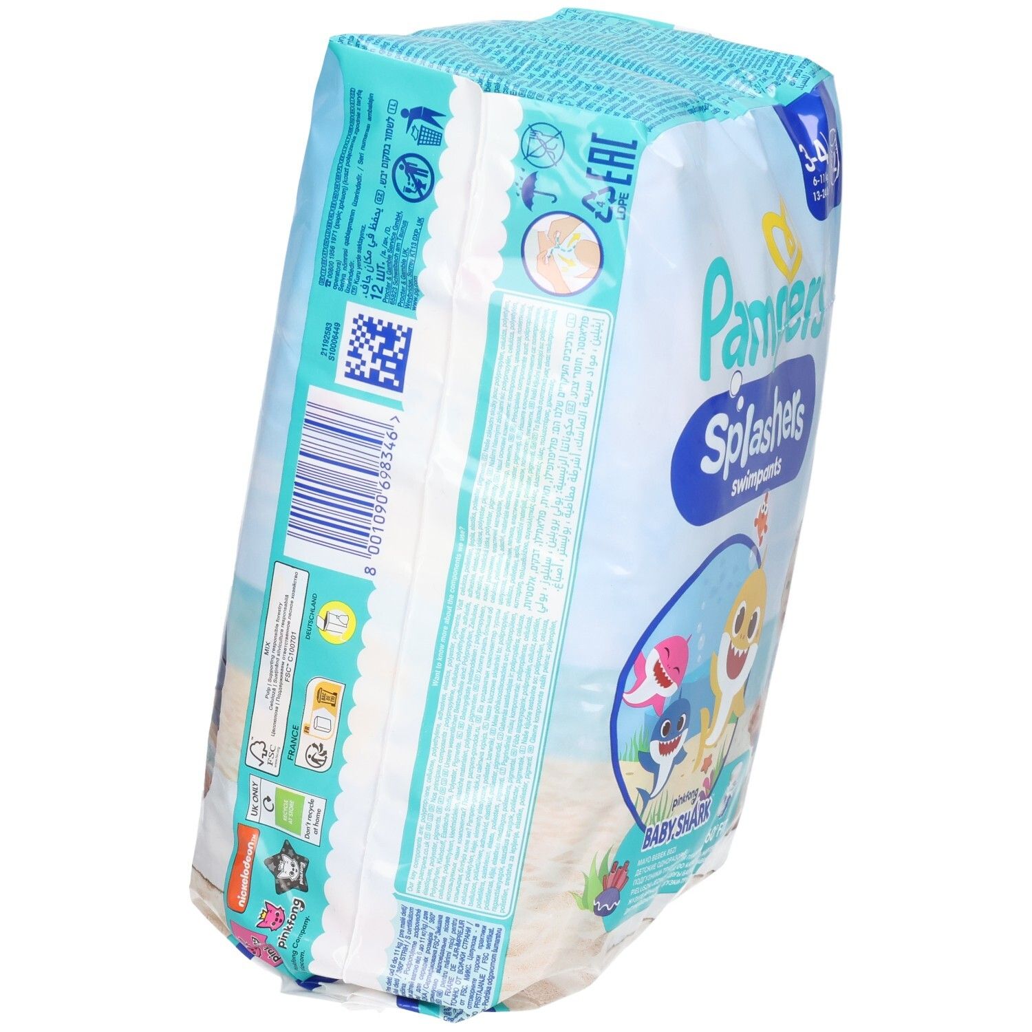 Pampers Splashers, taglia 3-4, edizione limitata Baby Shark. Confezione. Vista laterale con informazioni e codice QR.