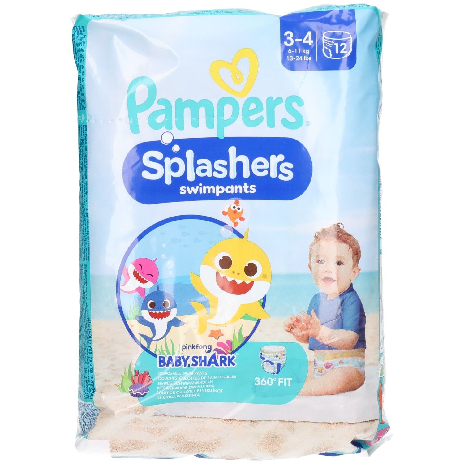 Pampers Splashers, taglia 3-4, edizione limitata Baby Shark. Confezione da 12. Immagine Baby Shark sul fronte.