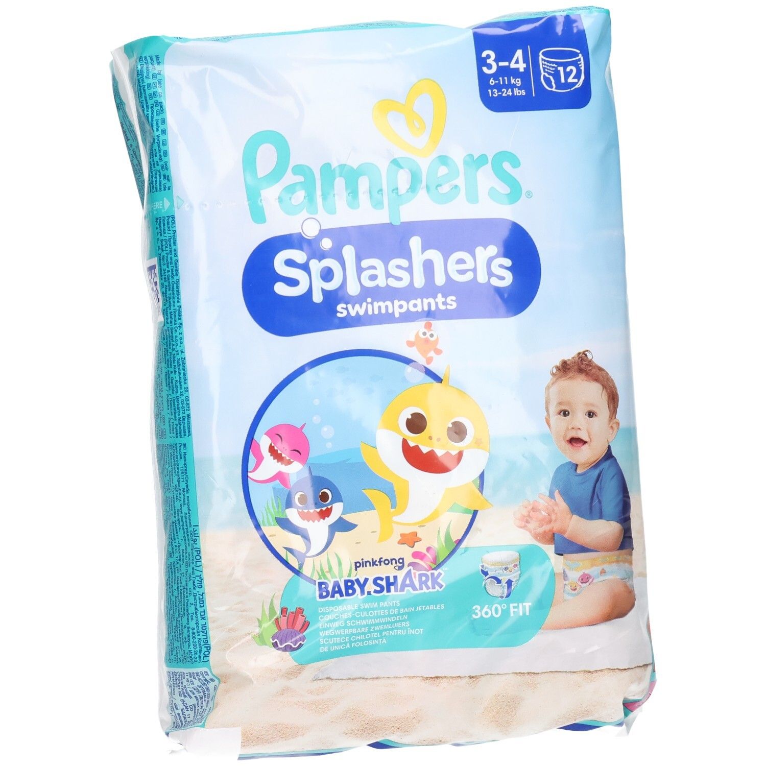 Pampers Splashers, taglia 3-4, edizione limitata Baby Shark. Confezione da 12. Immagine Baby Shark sul fronte.